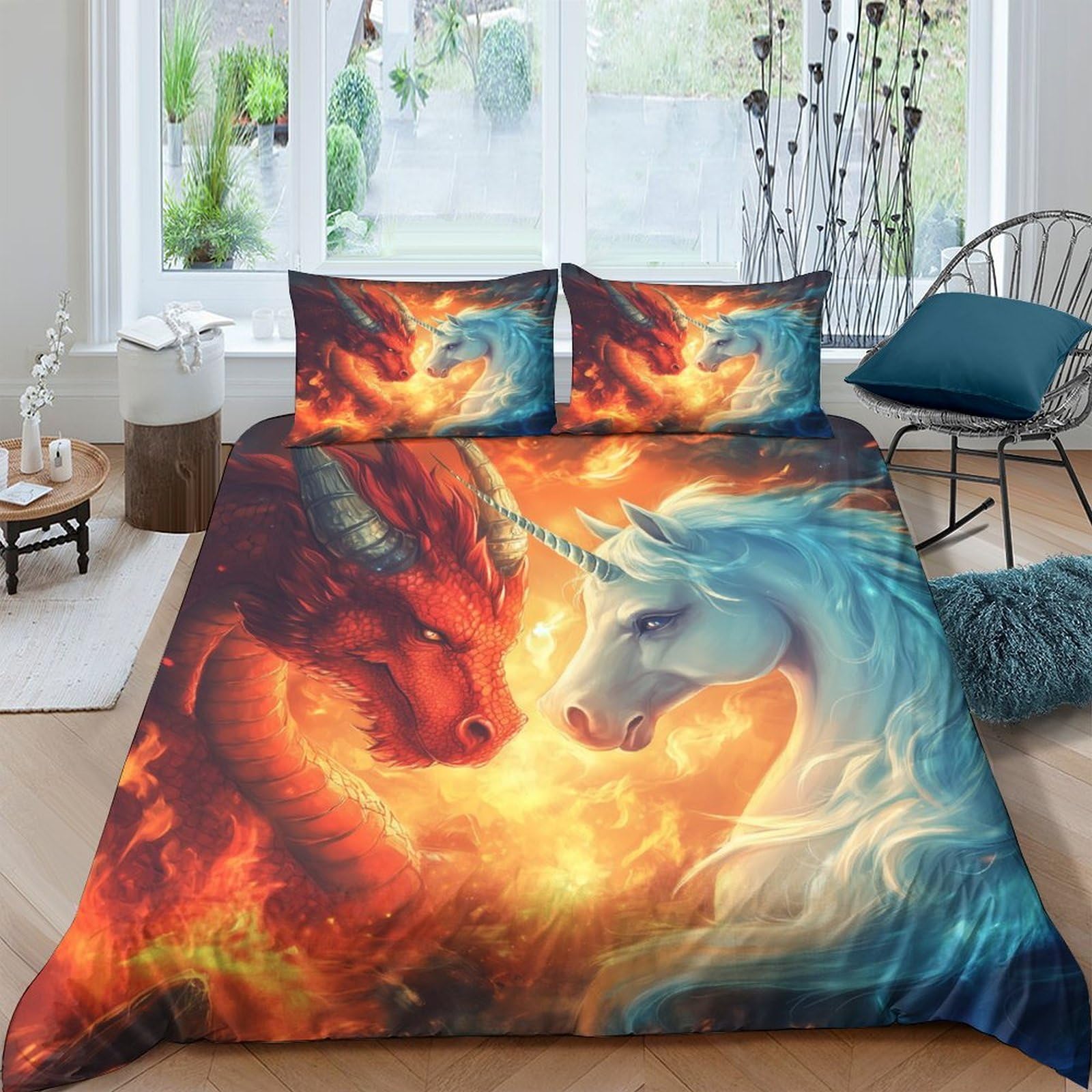 Ctjqhvkz Style-5 3D Printed Fire Dragon Fitted Sheet Microfiber Fantasy Unicorn Mattress Cover Anti-Slip Easy Care For Bedroom Home Decor Single（135X200cm）