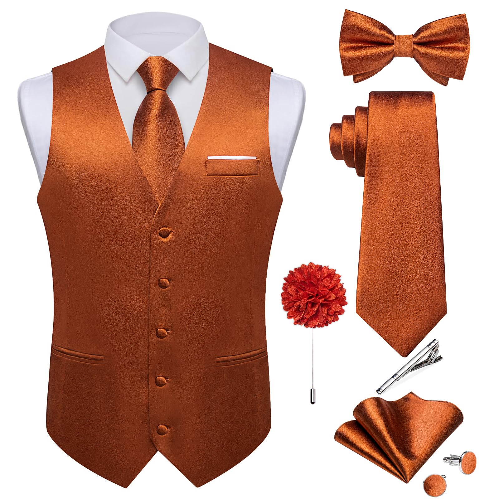 DiBanGu Mens Satin Suit Vest and Tie Set 8PCS Solid Waistcoat and Bowtie with Lapel Pin for Tuxedo Dress Vest Wedding Formal