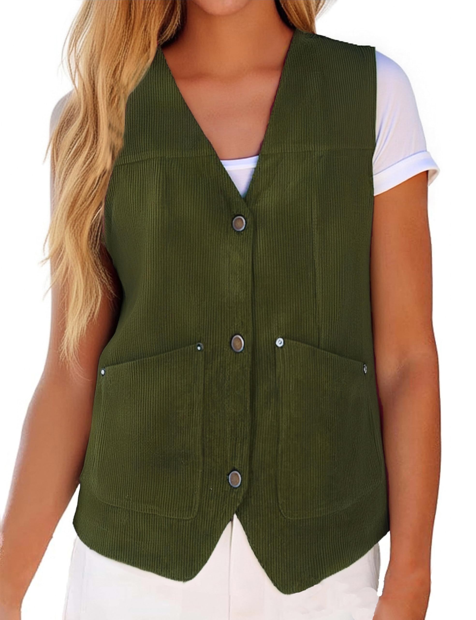 Zontroldy Women's Vintage V Neck Corduroy Vests Sleeveless Button Down Cardigan Outerwear with Pockets
