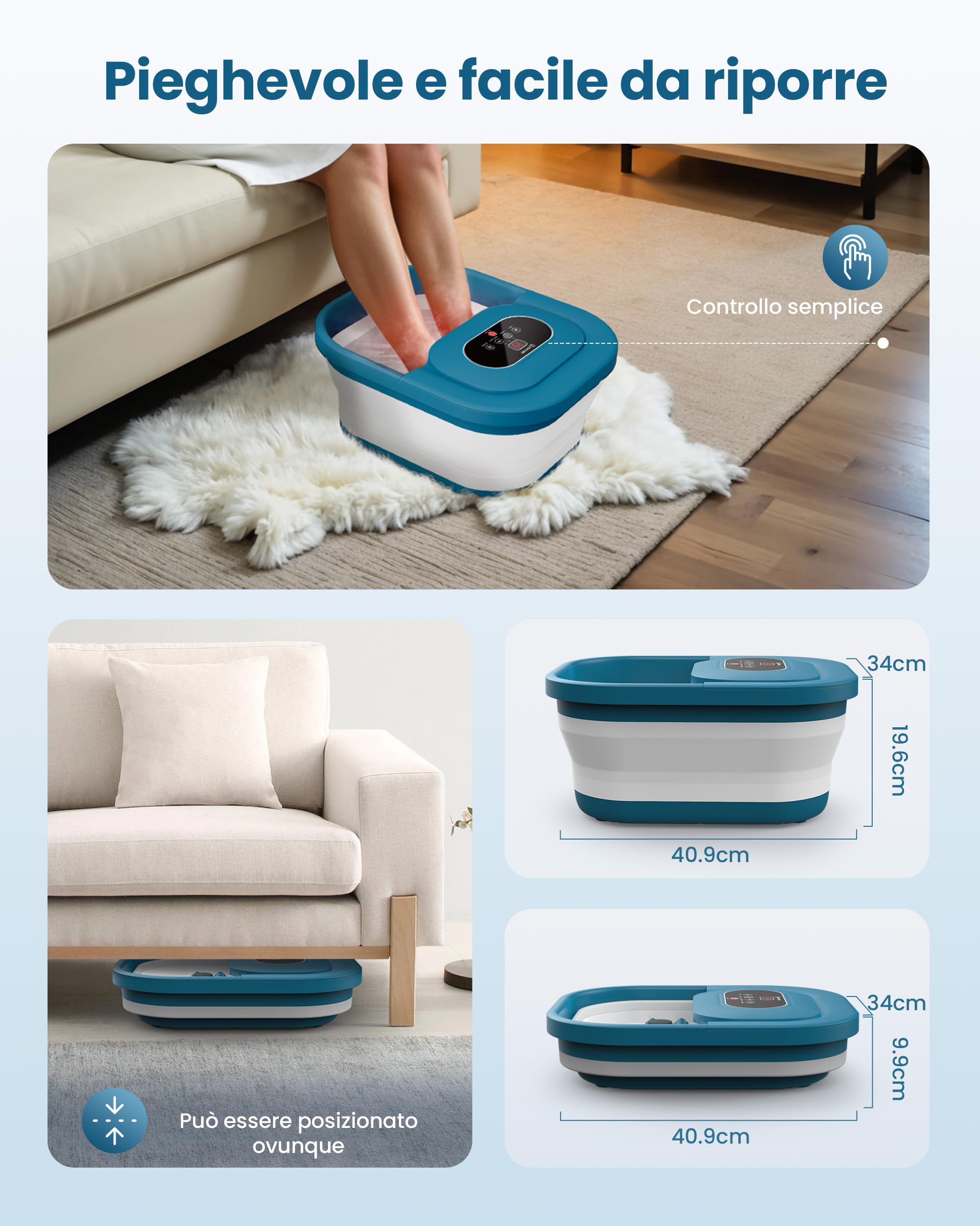 COMFIER Pedicure con massaggio e funzione di riscaldamento, massaggiatore per piedi pieghevole, funzione vibrante e frizzante, timer, pedicure pomice, 35 ℃-48 ℃, pedicure con 8 rulli shiatsu