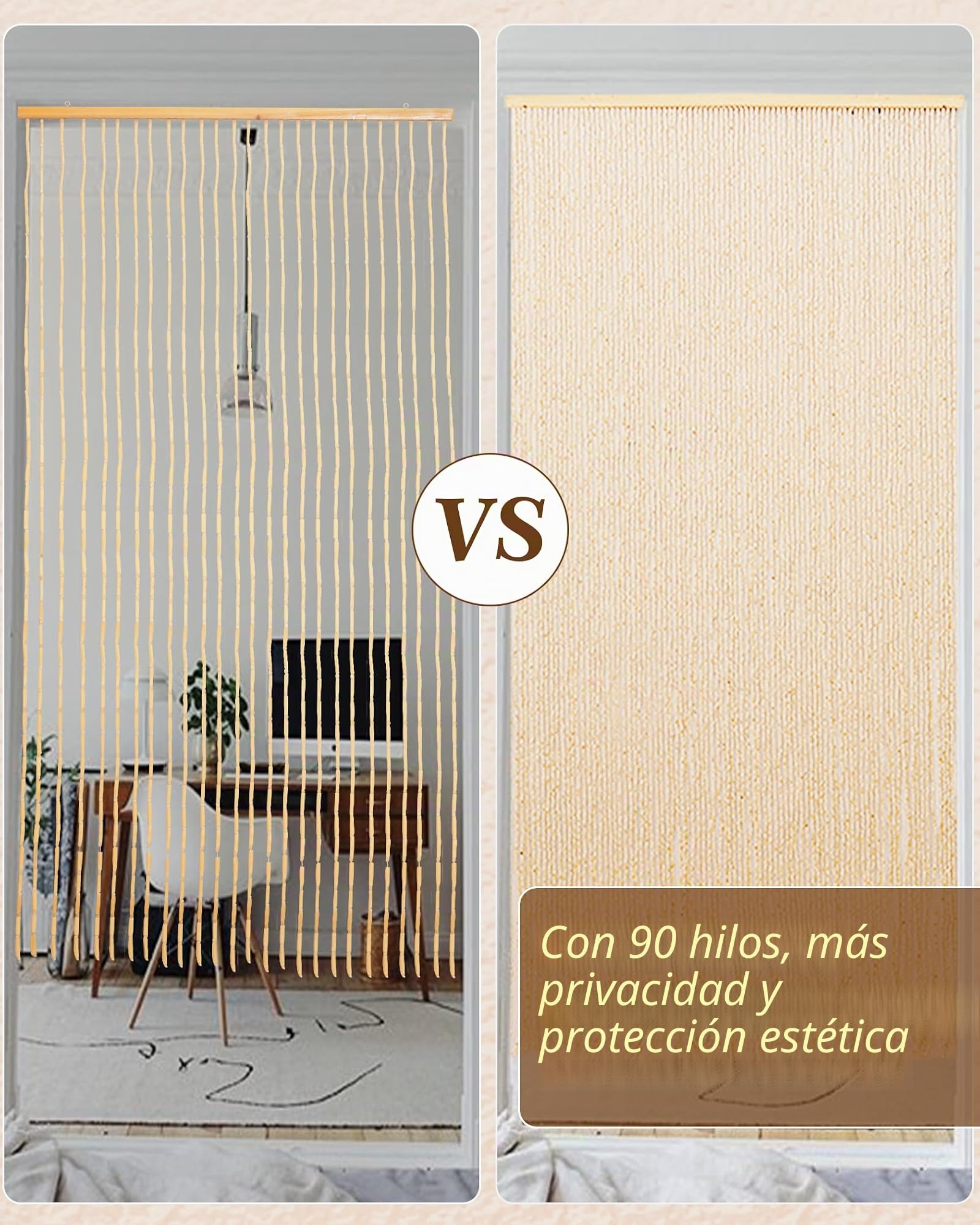 90 x 200 cm cortina de perlas de madera – 90 hebras beige retro cortina de cuentas de madera – hecha a mano natural cortina de hilos como protección contra insectos para dormitorio, caravana