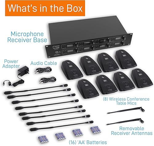 Miniatura 7 de Pyle Sistema de micrófono de conferencia de 8 canales, UHF, micrófonos inalámbricos y receptor para reuniones de mesa con 8 micrófonos de cuello de