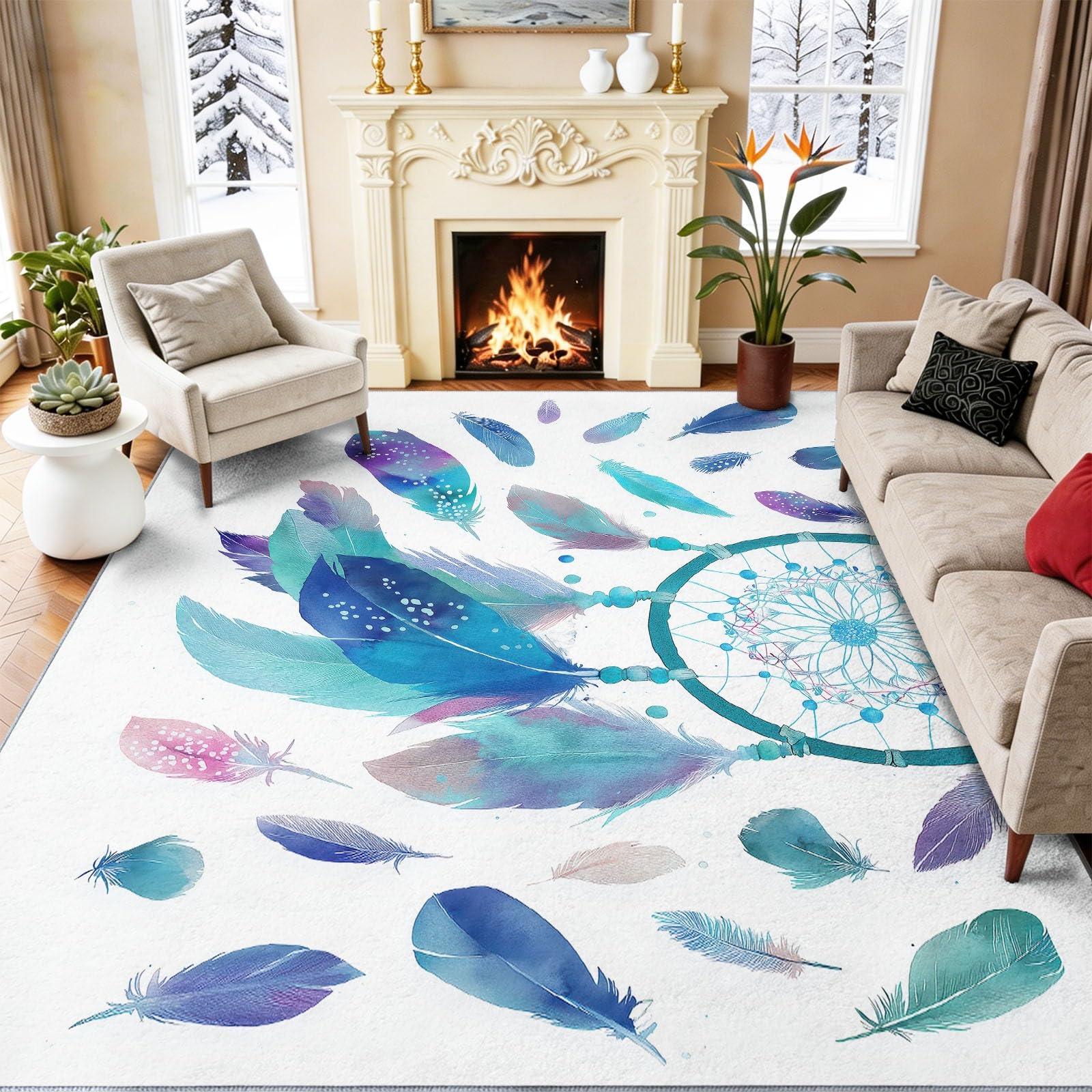 Traum Rechteckig Teppich 100 x 150 cm, Waschbarer Aquarell Traumfänger Federn Bedruckter Teppiche, Weiß rutschfest Geräuschreduzierung Teppiche für Schlafzimmer Esszimmer Küche