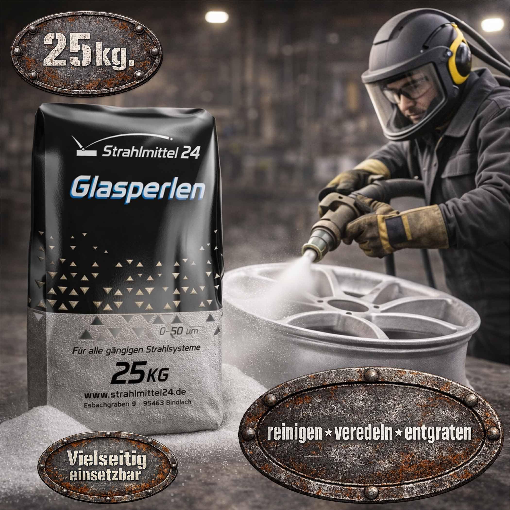 25 KG GLASPERLEN STRAHLMASTER STRAHLMITTEL 70-110 µm STRAHLGUT GLASPERLEN SANDSTRAHLEN MICROGLASPERLEN