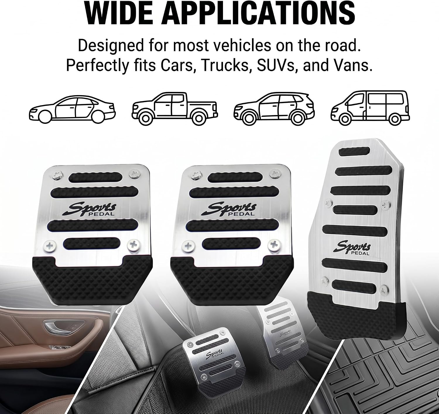 3 PCS Car Non-slip Pedal Pads, Alloy Thickened Throttle Clutch Brake Cover Kit, Sports Style Manual Transmission Foot Pedal, Universal Modification Accessory for Most Cars SUVs (Silver)