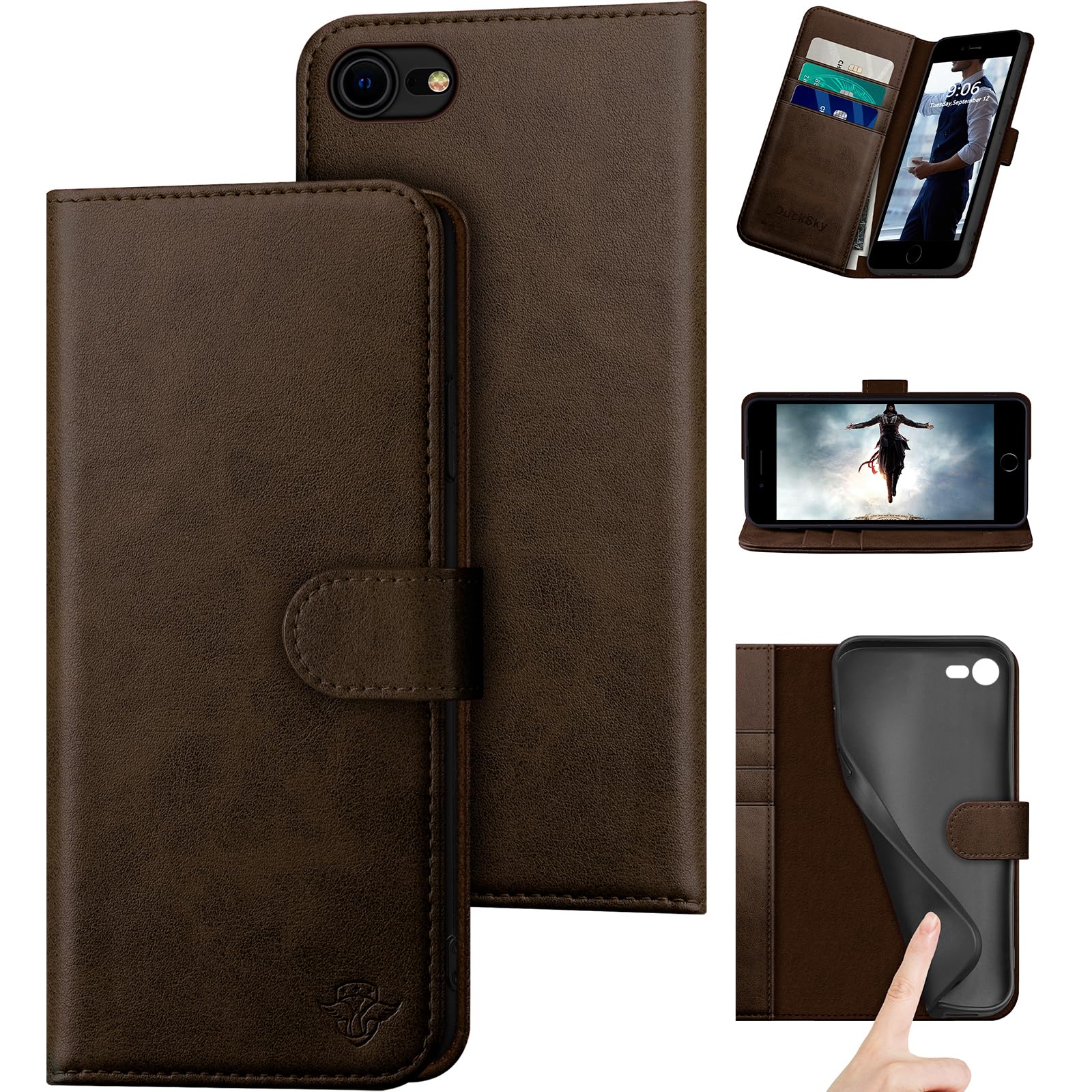 DuckSky for iPhone 7/8/SE 2020/SE 2022 Genuine Leather Wallet case【RFID Blocking】【3 Credit Card Holder】【Real Leather】 Flip Folio Book Phone case