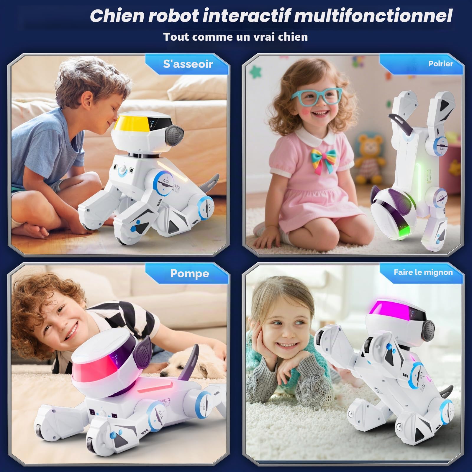 VATOS Bluetooth Chien Robot pour Enfants,Chien Robot Interactif Programmable avec Yeux LED Multicolores,Chienrobot Rechargeable Chantant et Dansant avec Télécommande pour Garçons et Filles,Blanc