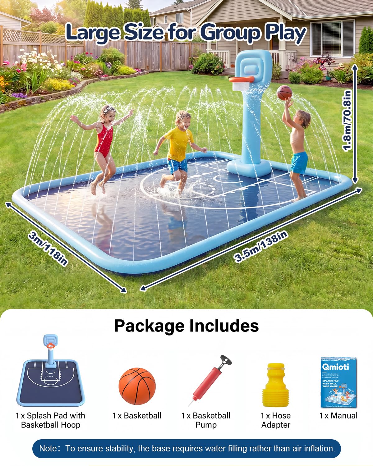 Splash Pad per bambini e cani, grande cuscinetto per irrigatore con canestro da basket, tappetino antiscivolo ispessito, giocattolo d'acqua per bambini e famiglie