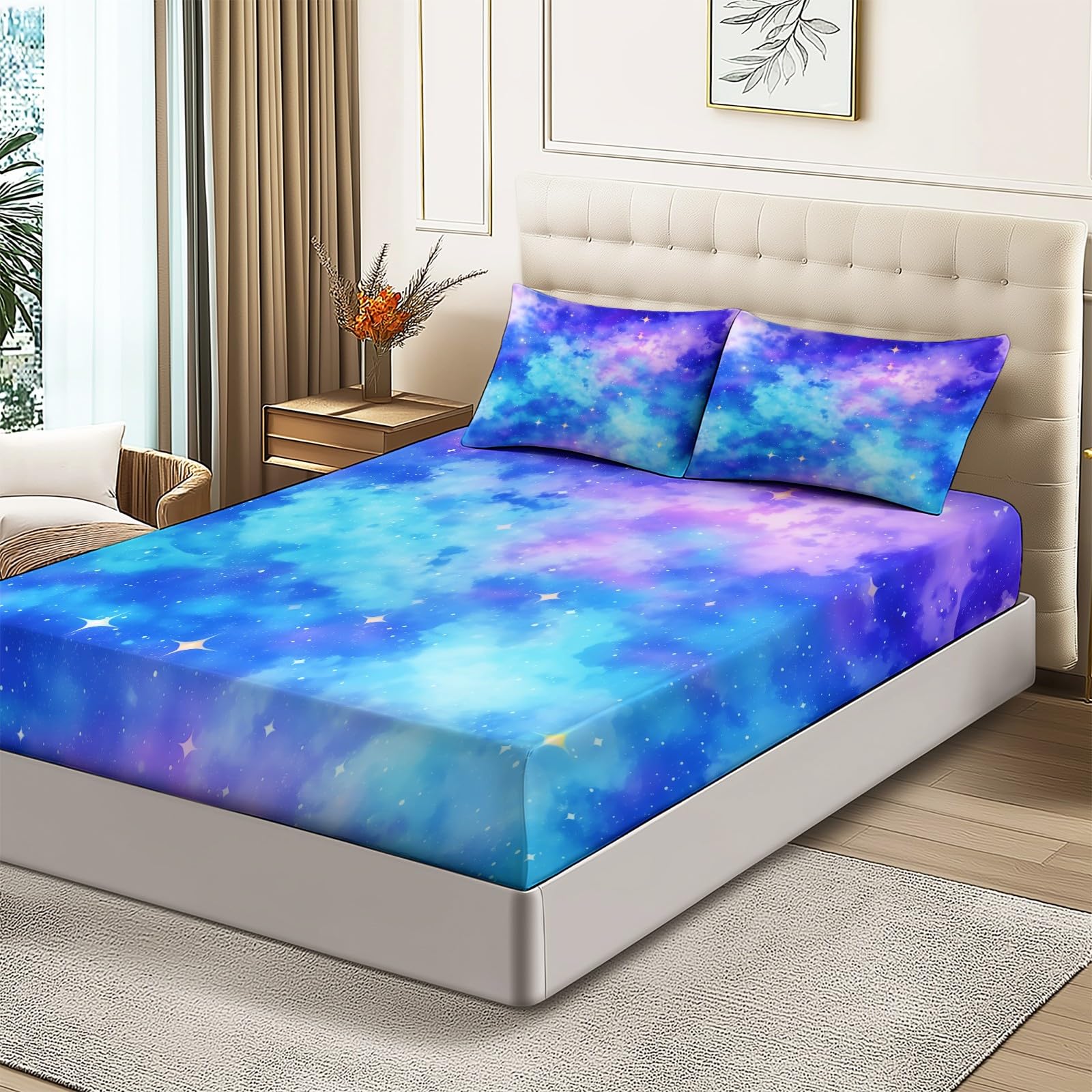 Prześcieradło z gumką Sen Gwiazdy Galaktyka Drukowanie Miękka Mikrofibra - 140 × 200 cm Wysokość materaca do 30 cm, fioletowy Oddychający i zmywalny pokrowiec na materac z 2 poszewkami na poduszki