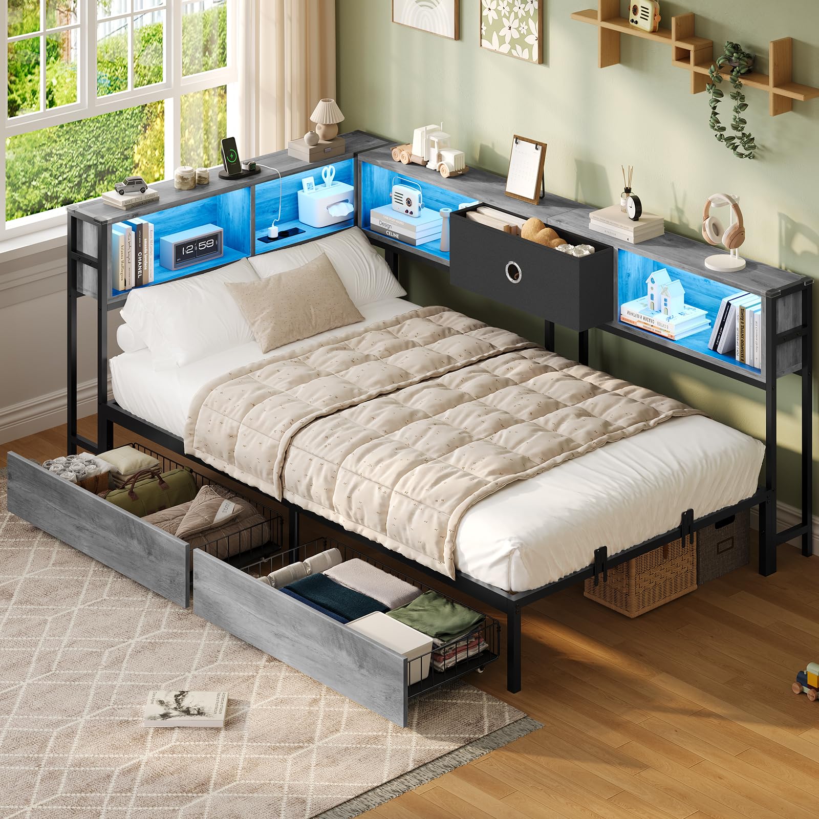 DICTAC Cama juvenil 90x200 con iluminación LED y estación de carga, cama 90 x 200 con espacio de almacenamiento - 5 compartimentos y 2 cajones, cama de día individual 90x200 con somier de metal, cama