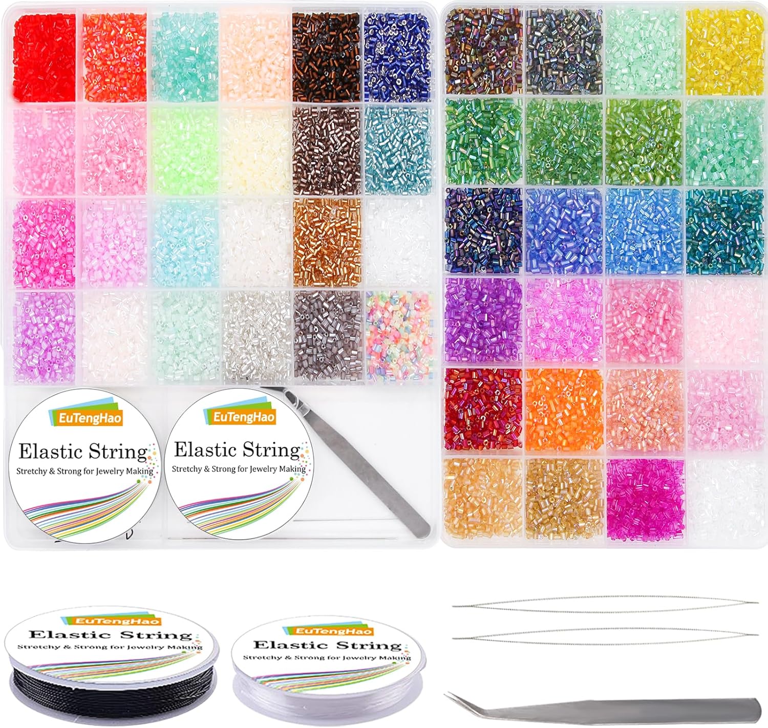 EuTengHao 16800pcs Tube Beads Kit Glass Bugle Seed Beads Small Craft Beads for DIY Crafting Jewelry Making Supplies (3mm, 350 Per Color, 48 Colors)