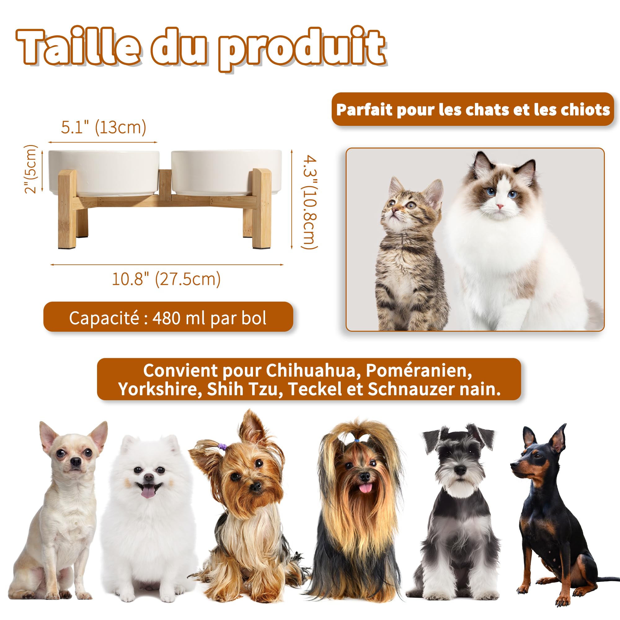 Gamelle Surélevée pour Chien et Chat - Double Bol Céramique avec Support en Bambou - Set pour Nourriture et Eau - Petits Animaux - 2 x 480 ML