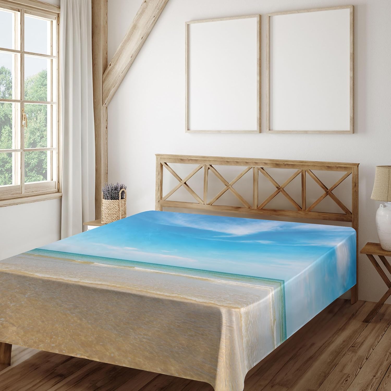 Ambesonne Ocean Flat Sheet, Sea and Sky Landscape at Beach in Tropical Exotic Hawaiian Caribbean Lands, Soft Comfortable Top Sheet Decorative Bedding 1 Piece, Queen Size, Cream Blue