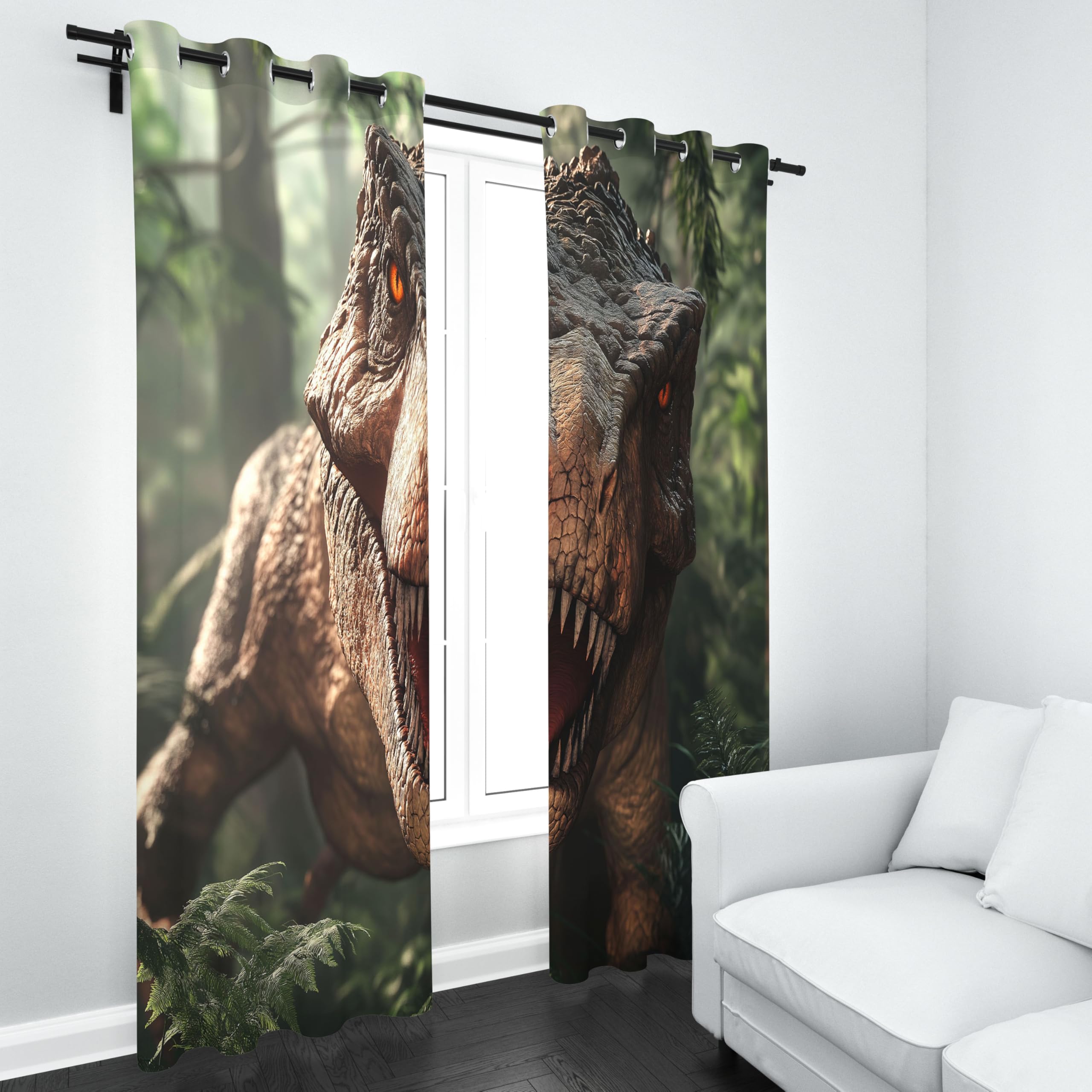 Rideaux occultants à motif dinosaure pour salon, rideau à motif feuilles vertes pour chambre, rideaux occultants thermiques à motif dinosaure tyrannosaure pour chambre d'enfant ou d'adolescent, lot de