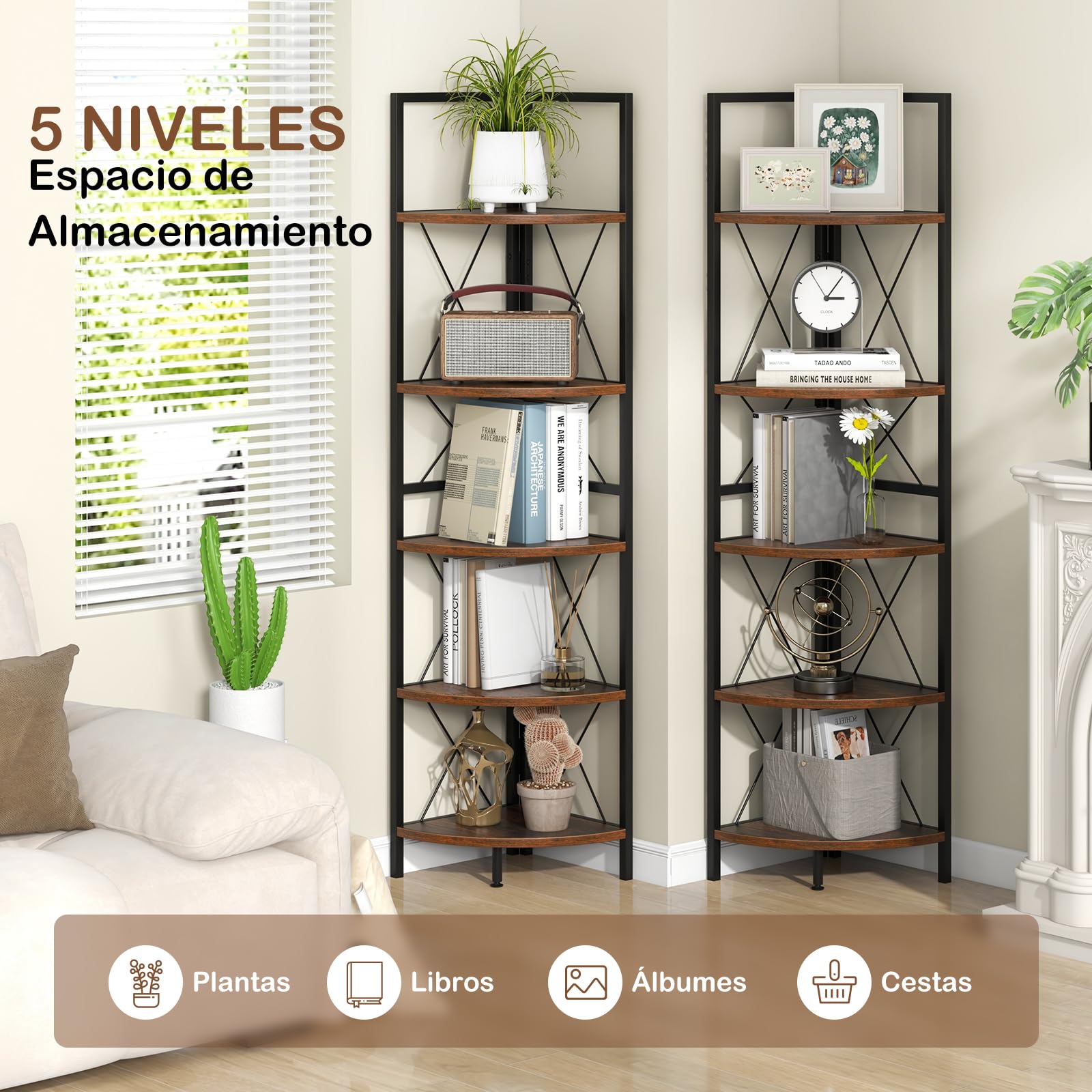 Giantex Estantería Esquinera de 5 Niveles, Librería de Madera y Metal, 35,5 x 35,5 x 159,5 cm, Estantería de Almacenamiento de Esquina para Salón, Dormitorio, Estudio (Marrón Rústico)