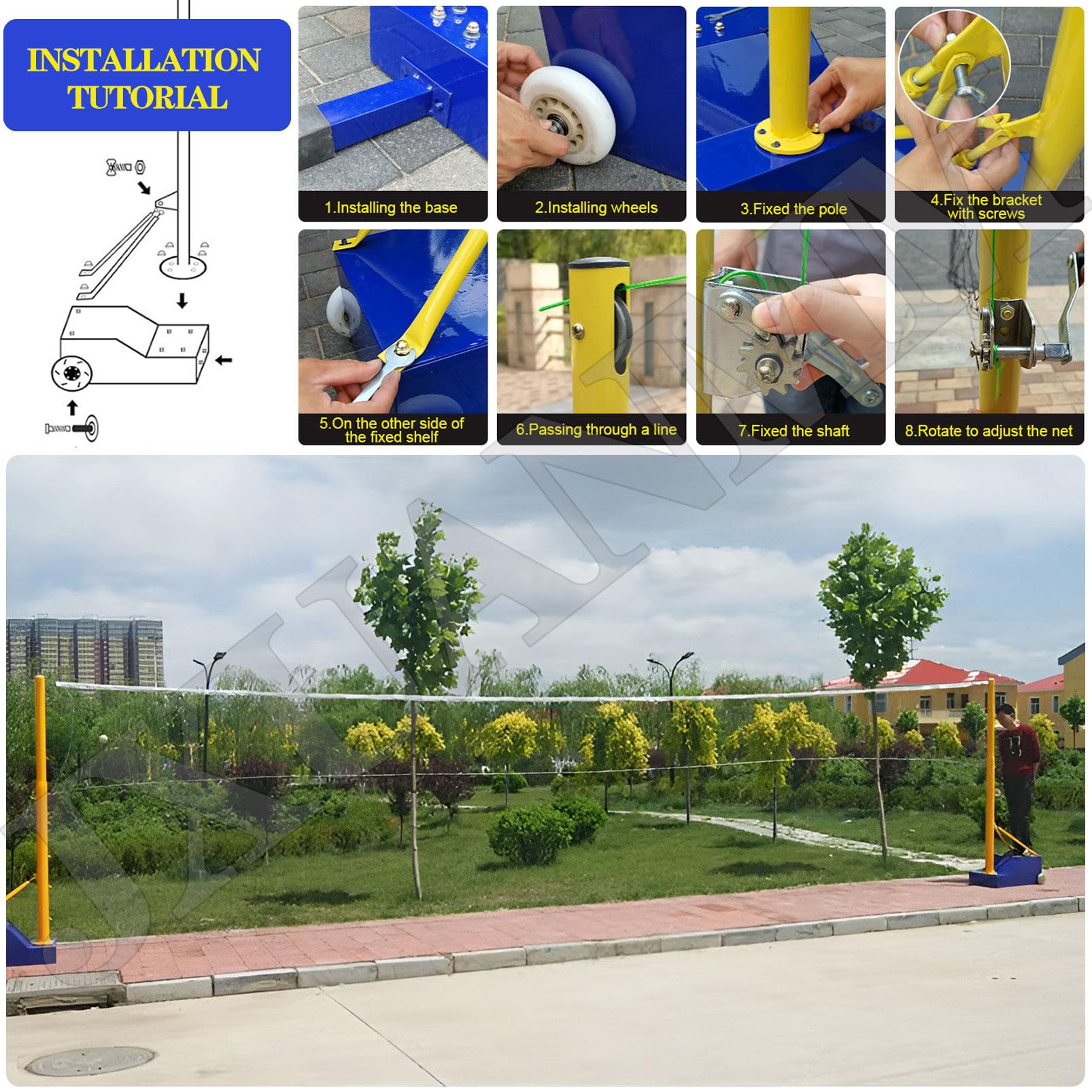Poteaux de volley-ball pour jardin, avec filet de volley-ball/de badminton, poteaux de volley-ball robustes pour intérieur et extérieur, hauteurs réglables avec roues et 2 filets
