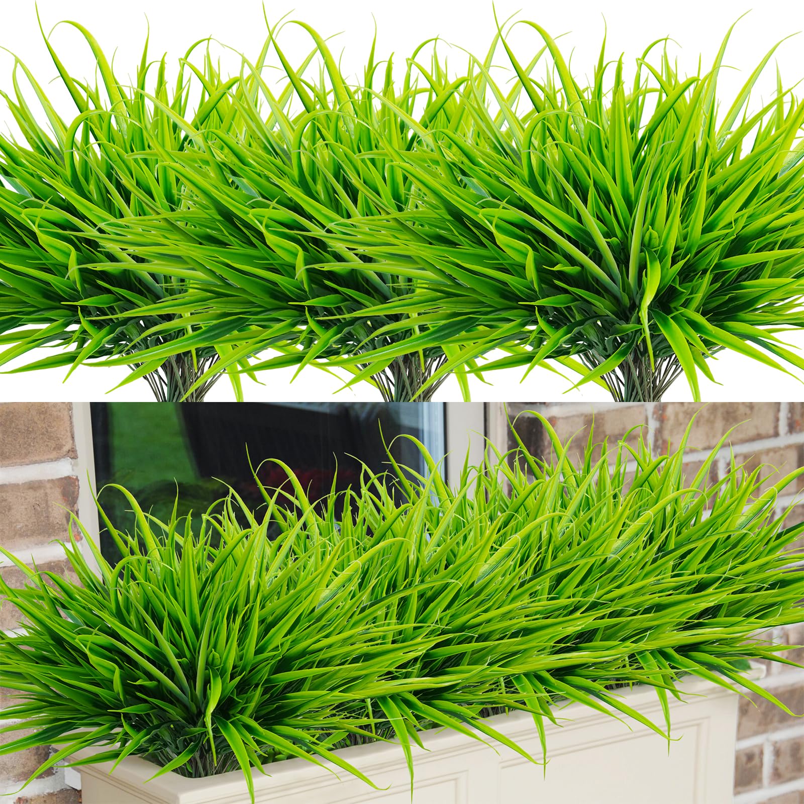 Uieke 6 Bundles Artificial Outdoor Plants UV Resistant Fake Grass Plants Faux Plastic Plants Greenery Shrubs for Home Garden Pathway Window Box Front Porch Cemetery Spring Summer Decor, Green