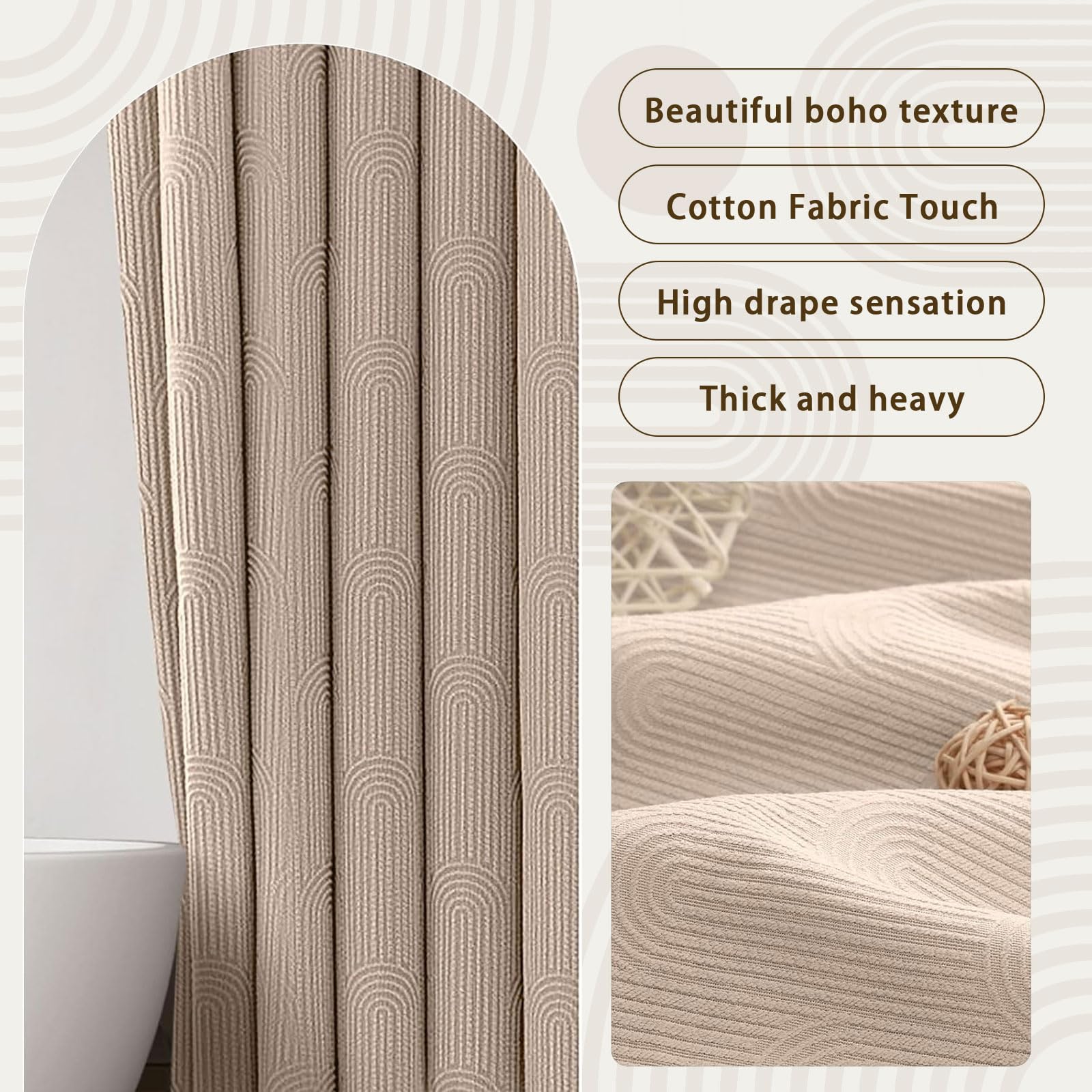 Awellife Boho Shower Curtain - Linen Blend Fabric, Brown Arch Design, 78" L X 72" W