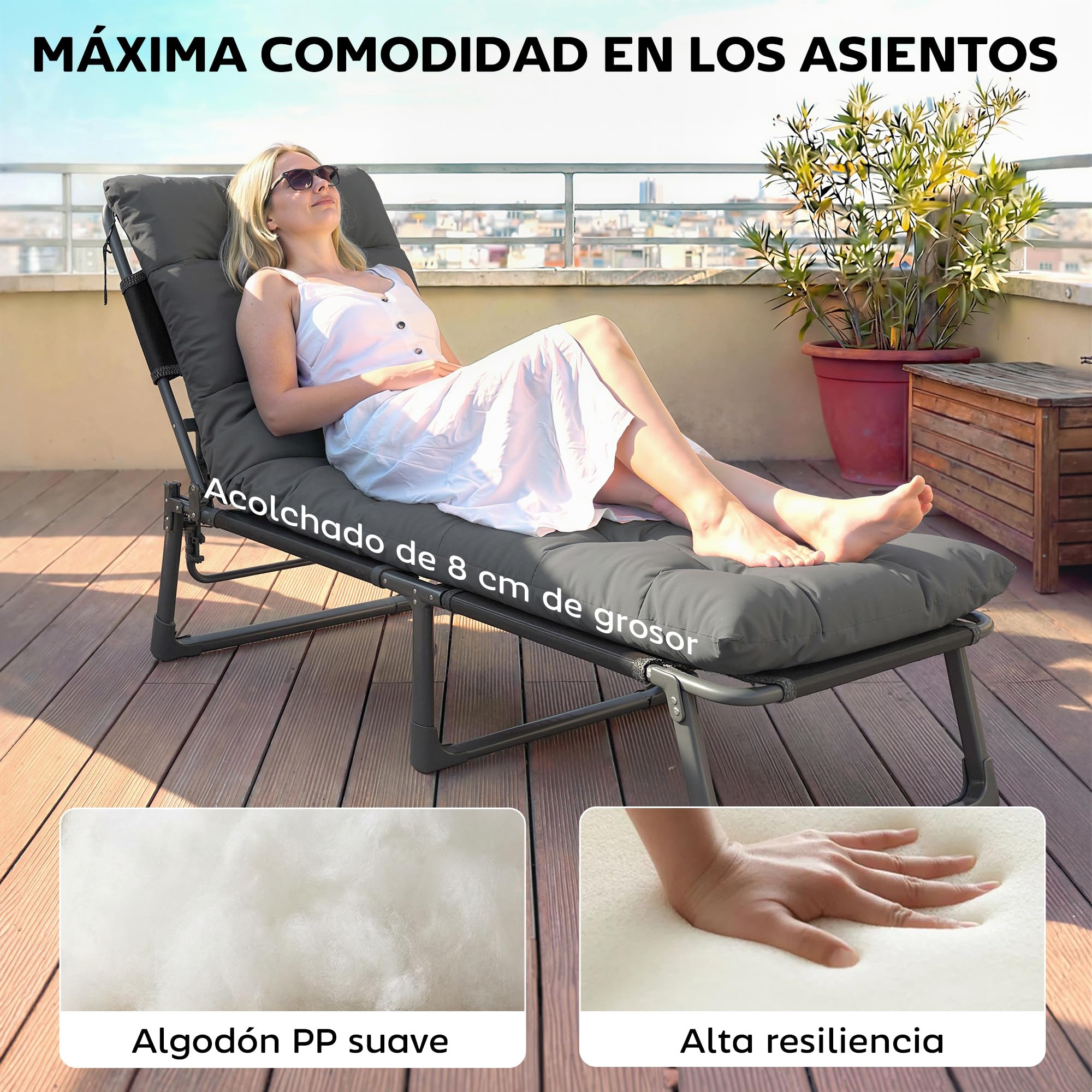 Outsunny Juego de 2 Cojines para Tumbonas, 180x55 cm, Cojines para Tumbonas de Exterior Gruesas, UPF30+, Almohadillas de Repuesto para Tumbonas con 4 Cintas, Gris Oscuro — view 3