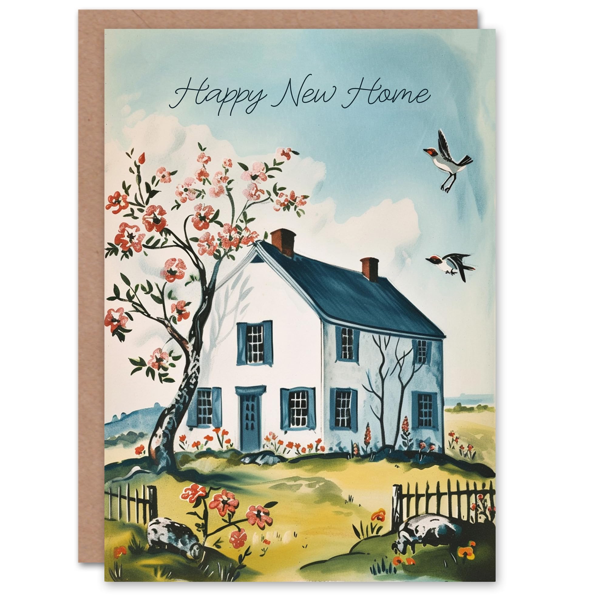 Housewarming Card Happy New Home Quaint White House Timeless Tree Birds