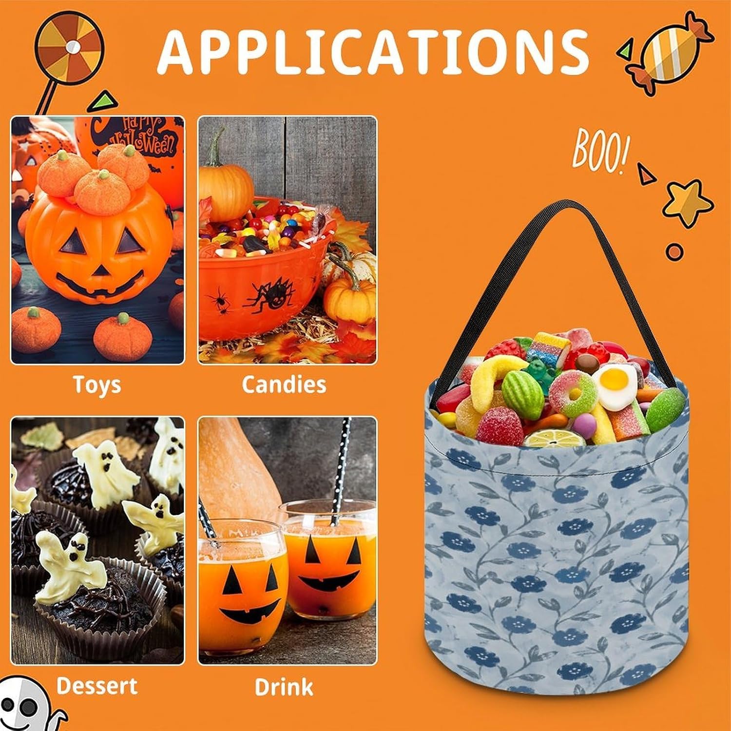 Dark Blue Halloween Trick Or Treat Bucket Candy Tote Hand‑held Pouch for Cosplay Theme Party Gift Storage image 3