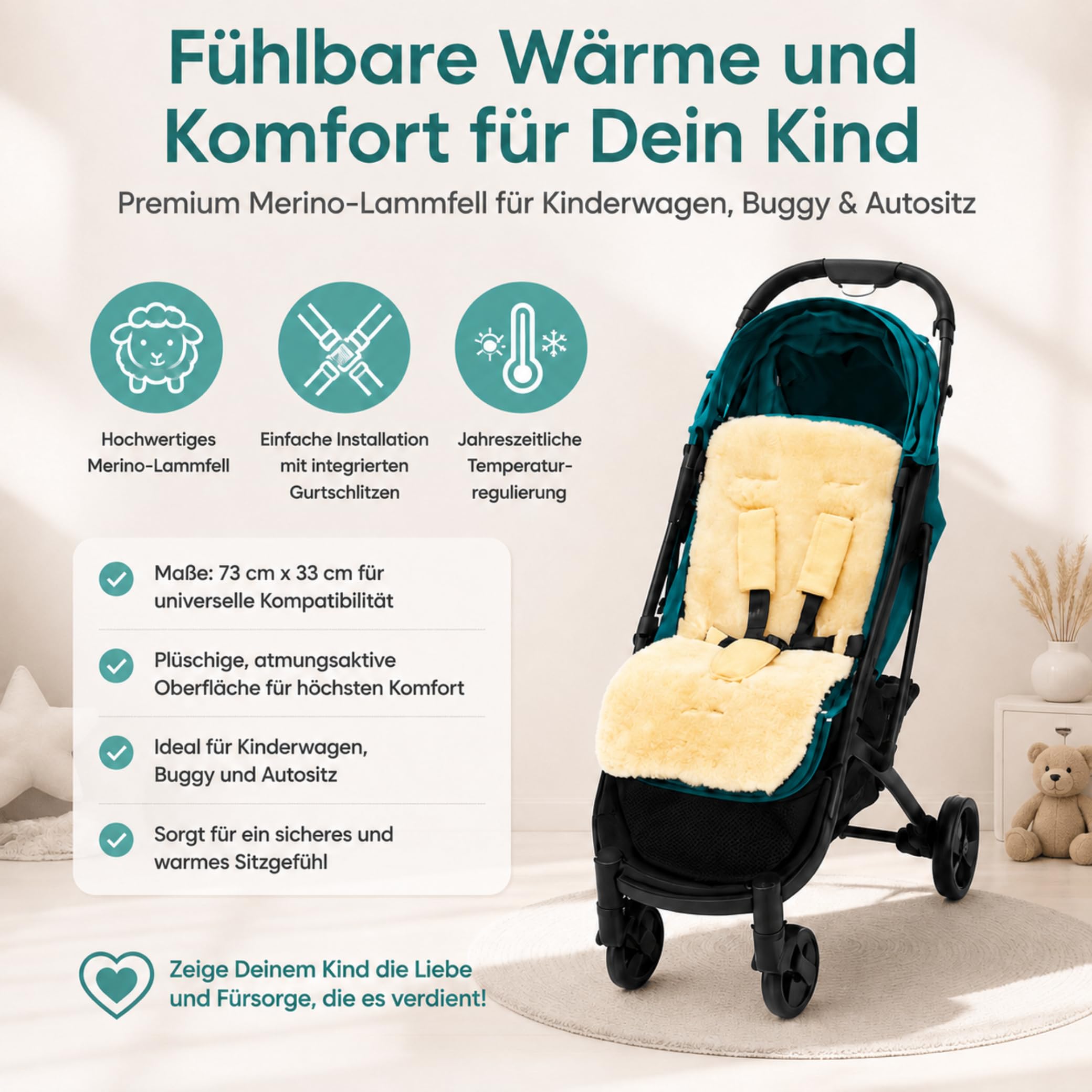 Fillikid Lammfelleinlage 73×33 Premium Merino-Lammfell für Kinderwagen Buggy Autositz mit Gurtschlitzen universal