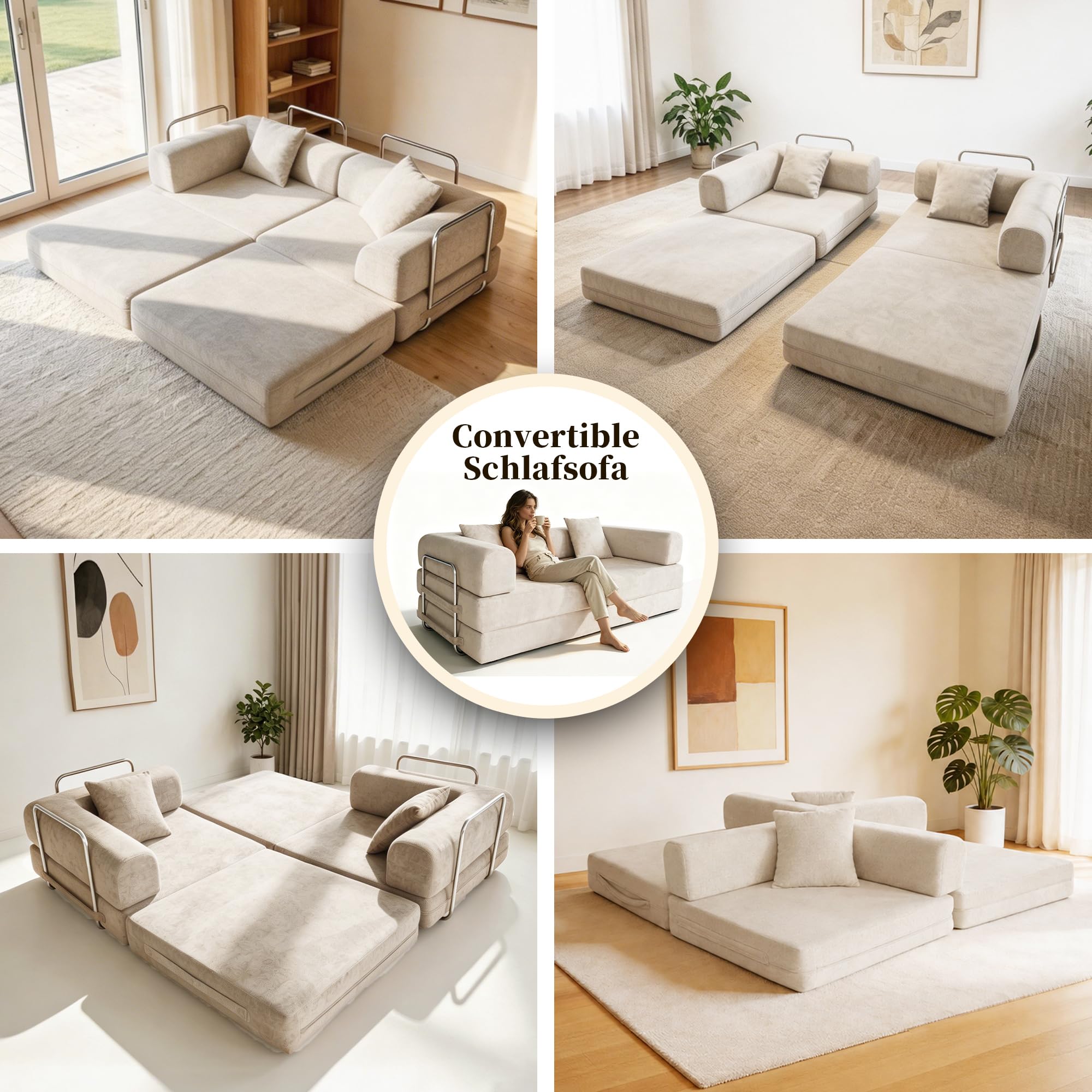 Schlafsofa 200cm Breit, Boneless Couch mit Kuscheliger Chenille-Stoff, Modulares Bodensofa klappbar, 3-Sitzer Sofa mit Schlaffunktion, Waschbarer Bezug, Metallrahmen & 2 Kissen, Cremeweiß
