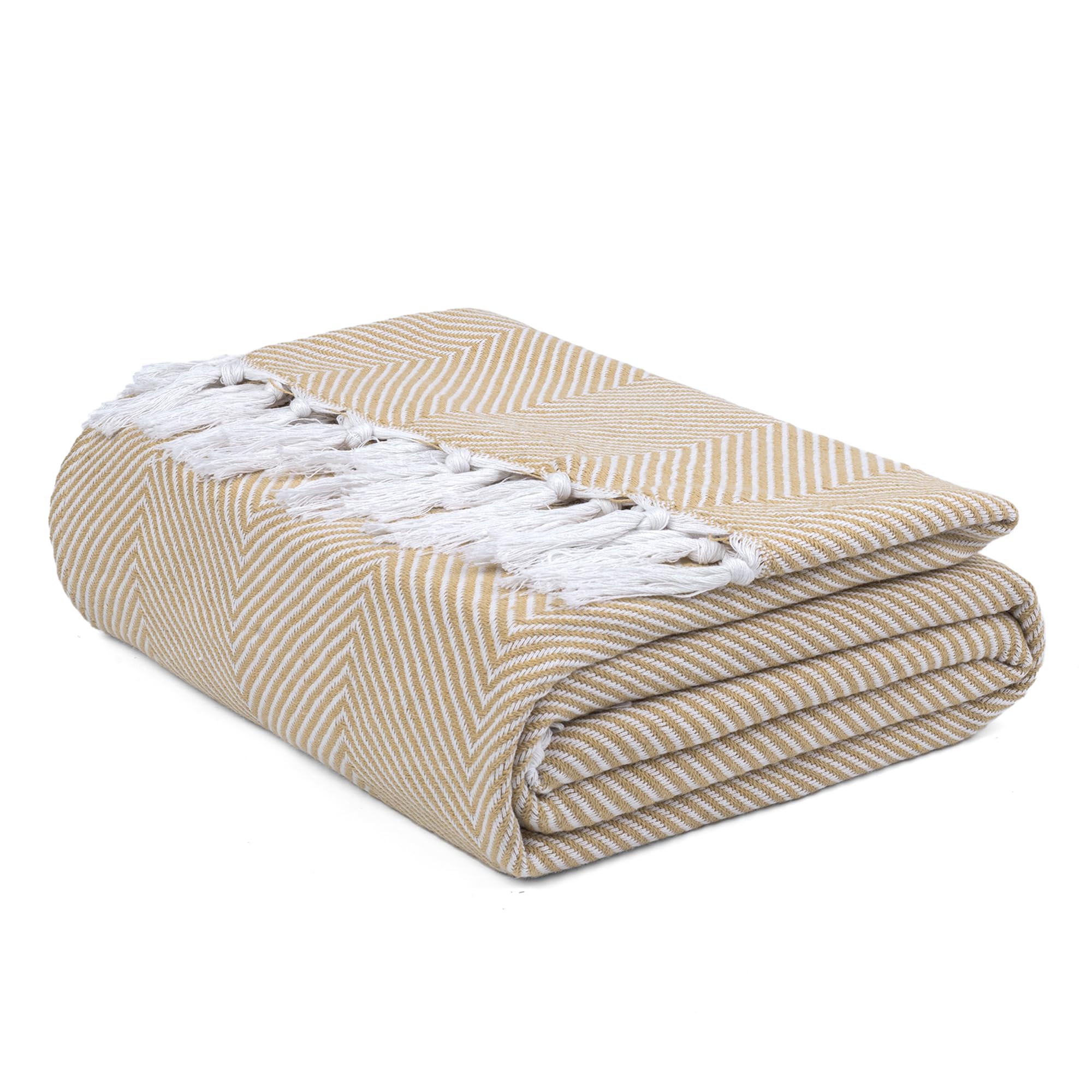 Ehc Beige Herringbone Twill Throw, Handwoven Cotton Throws For Sofas Bed Sofa Settee Couch Reversible Bed Cover Over Blanket, Single 127 X 152Cm, Ivory
