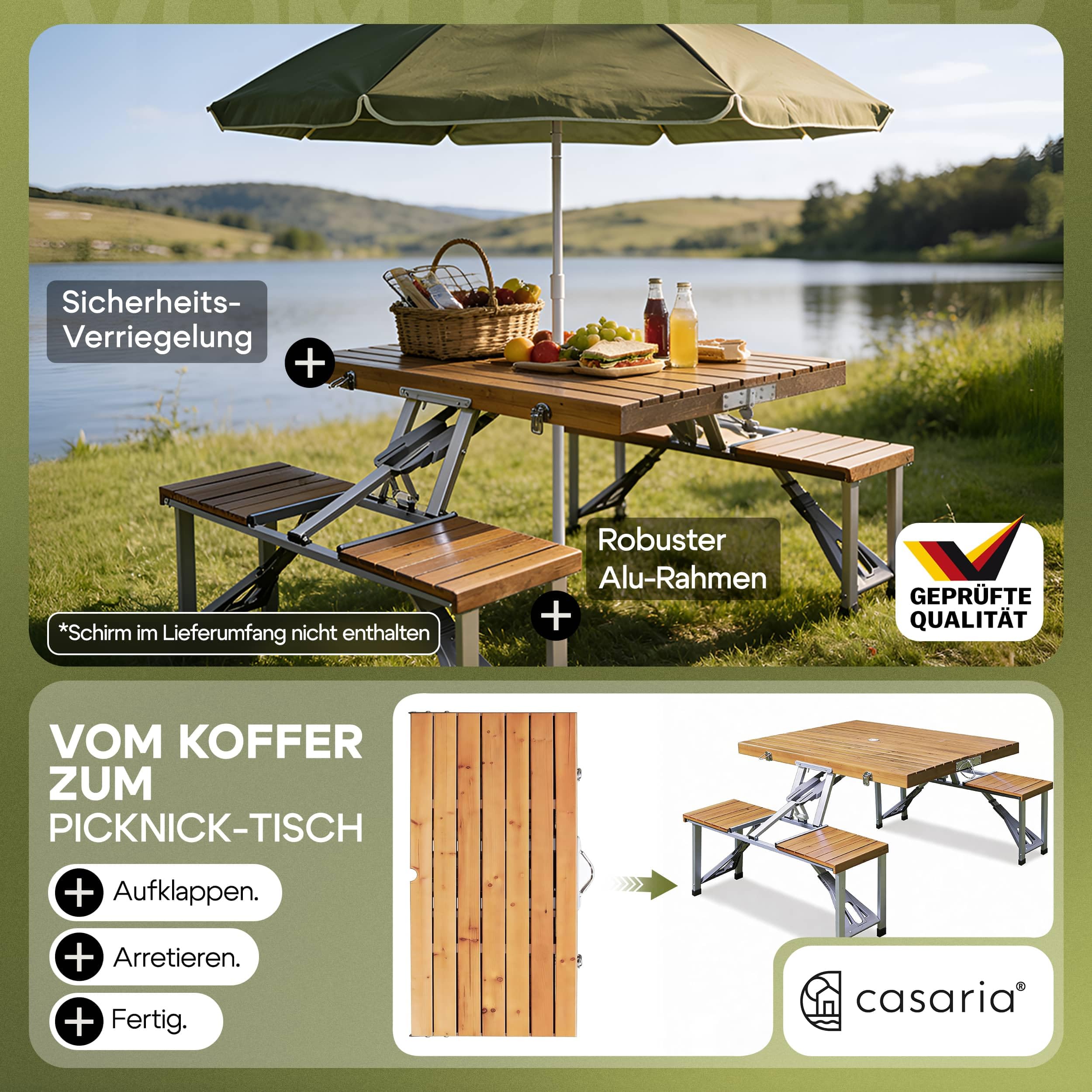 Casaria® Campingtisch mit Stühlen Klappbar Tragegriff Schirmhalter 4 Personen Picknicktisch Koffertisch Klapptisch Campingmöbel Set Leicht Holz