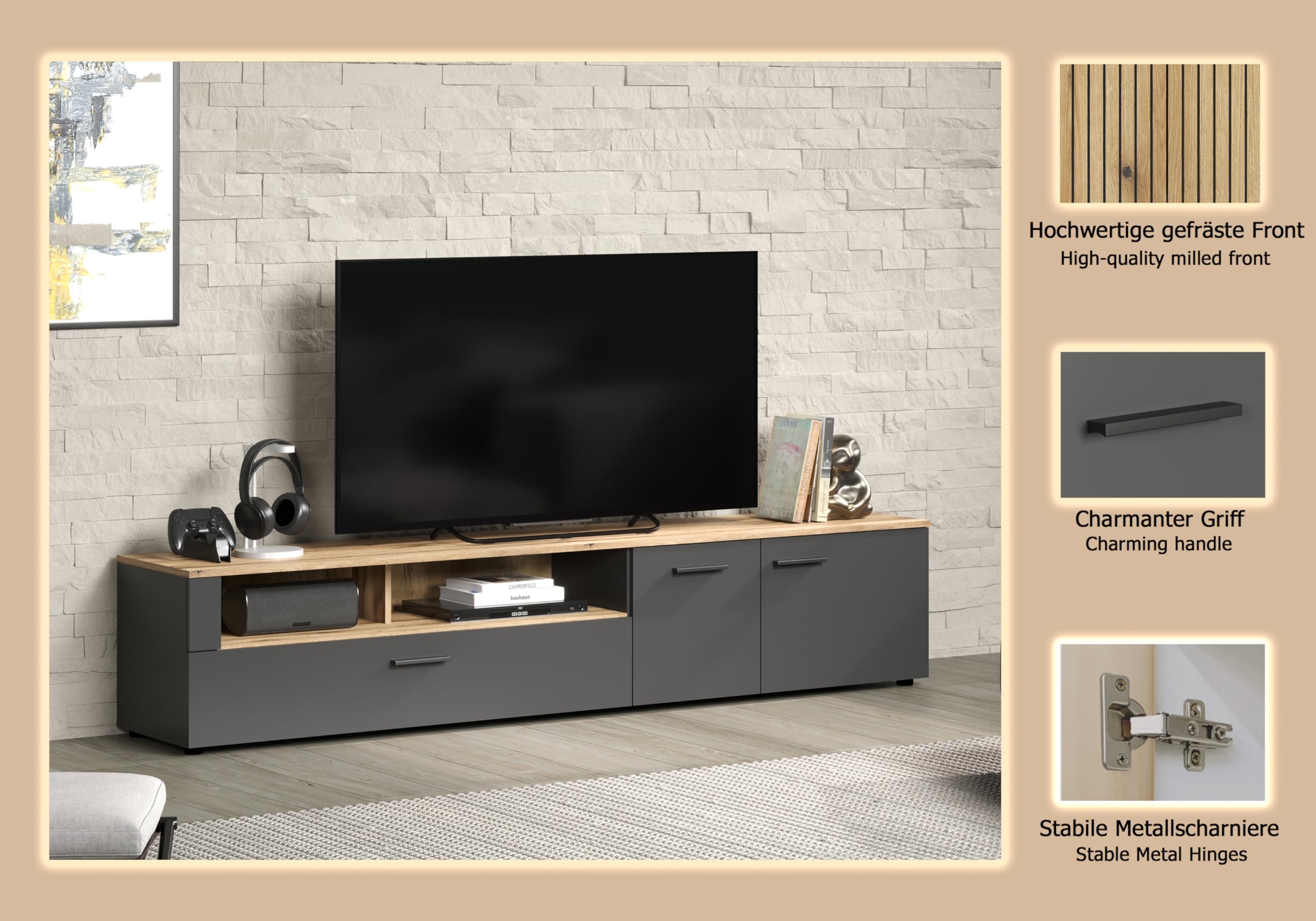 trendteam smart living - Esteban - TV-Schrank - Anthrazit/Evoke Eiche - (BxHxT) 210 x 43 x 41 cm - eleganter Fernsehschrank mit schwarzen Griffen - kratzfest