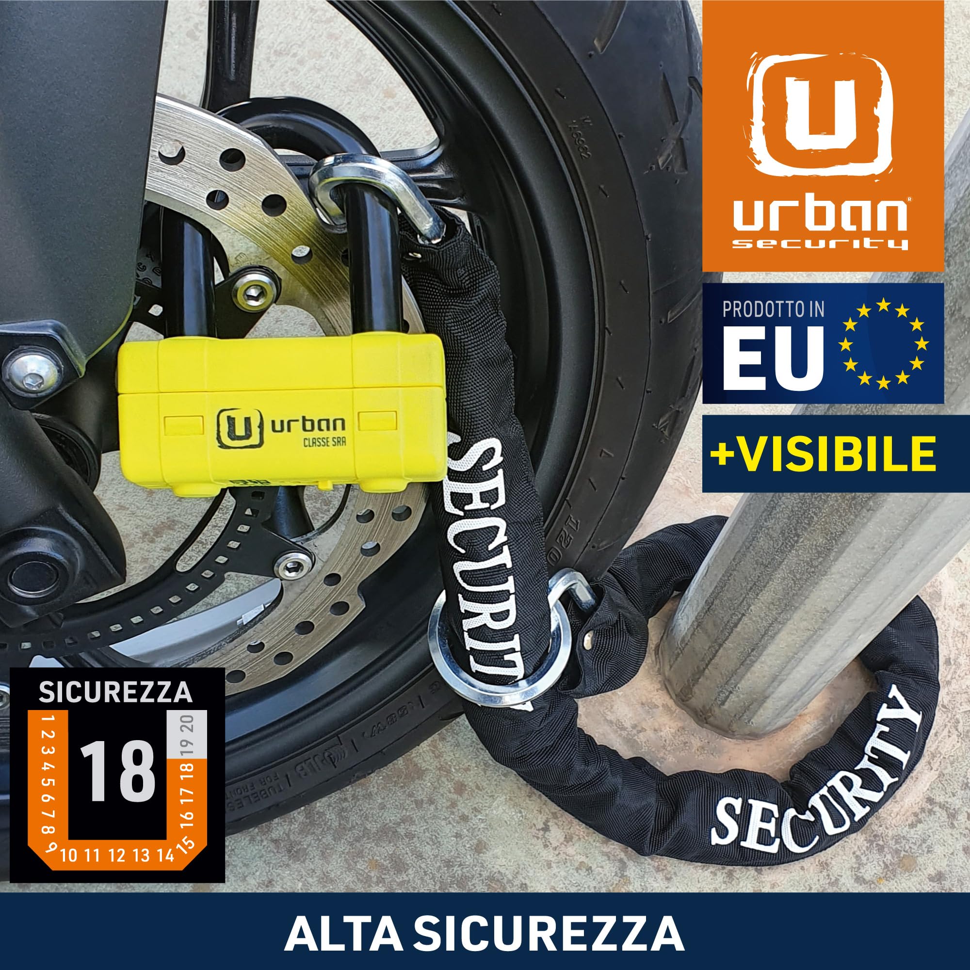Urban UR75+10.120L Lucchetto Antifurto Moto Alta Sicurezza Classe Sra Mini U Blocca Disco + Catena Non Omologata ø10 120 cm Loop, Giallo