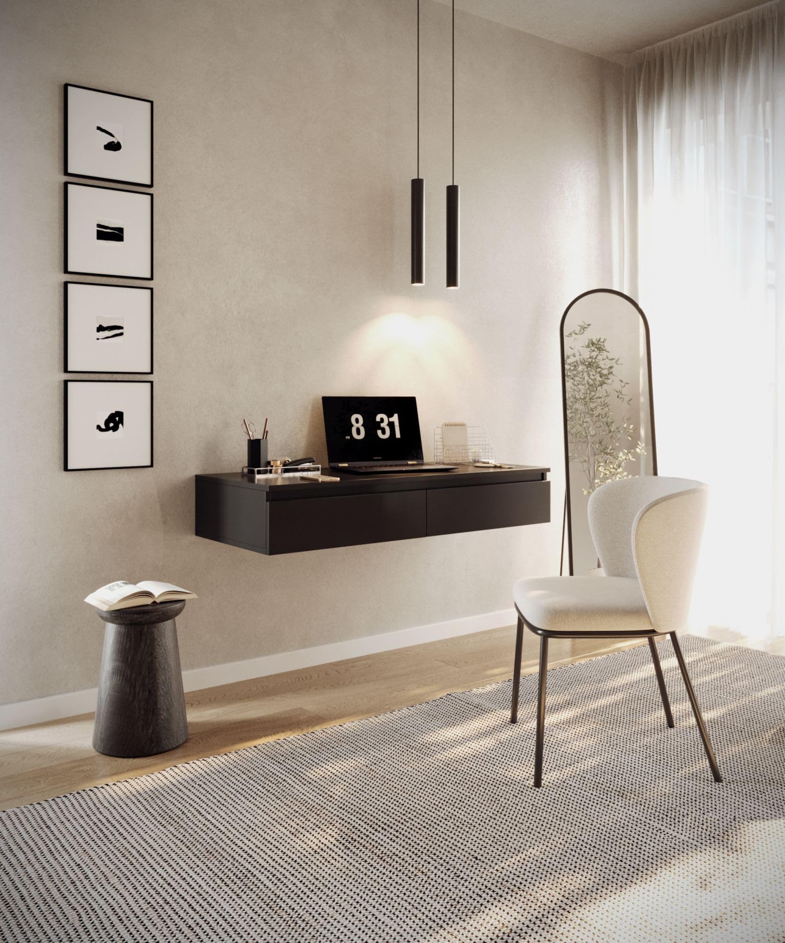 Selsey Postazione Trucco Moderna Nera Toeletta Trucco Sospesa 120 cm con 2 Cassetti Toeletta Trucco con Sgabello Elegante e Resistente, Perfetta per Interni Contemporanei e Spazi Compatti