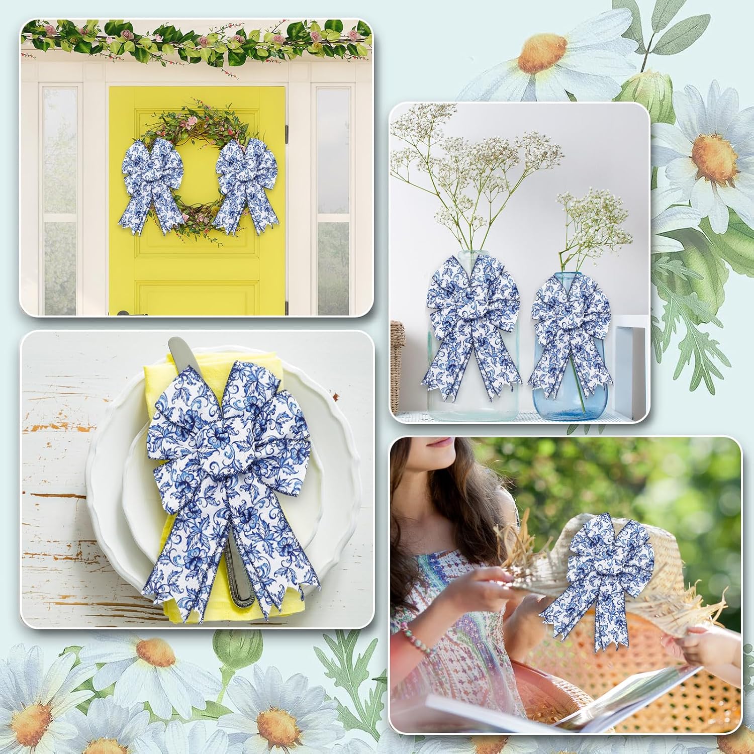 JarThenaAMCS Blue White Floral Wired Edge Ribbon Roll Vintage Watercolor Flower Craft Ribbon Chinoiserie Fabric Ribbon for Wreath Bow Making DIY Craft Wrapping Party Supplies, 12 Yard (Pack of 2)