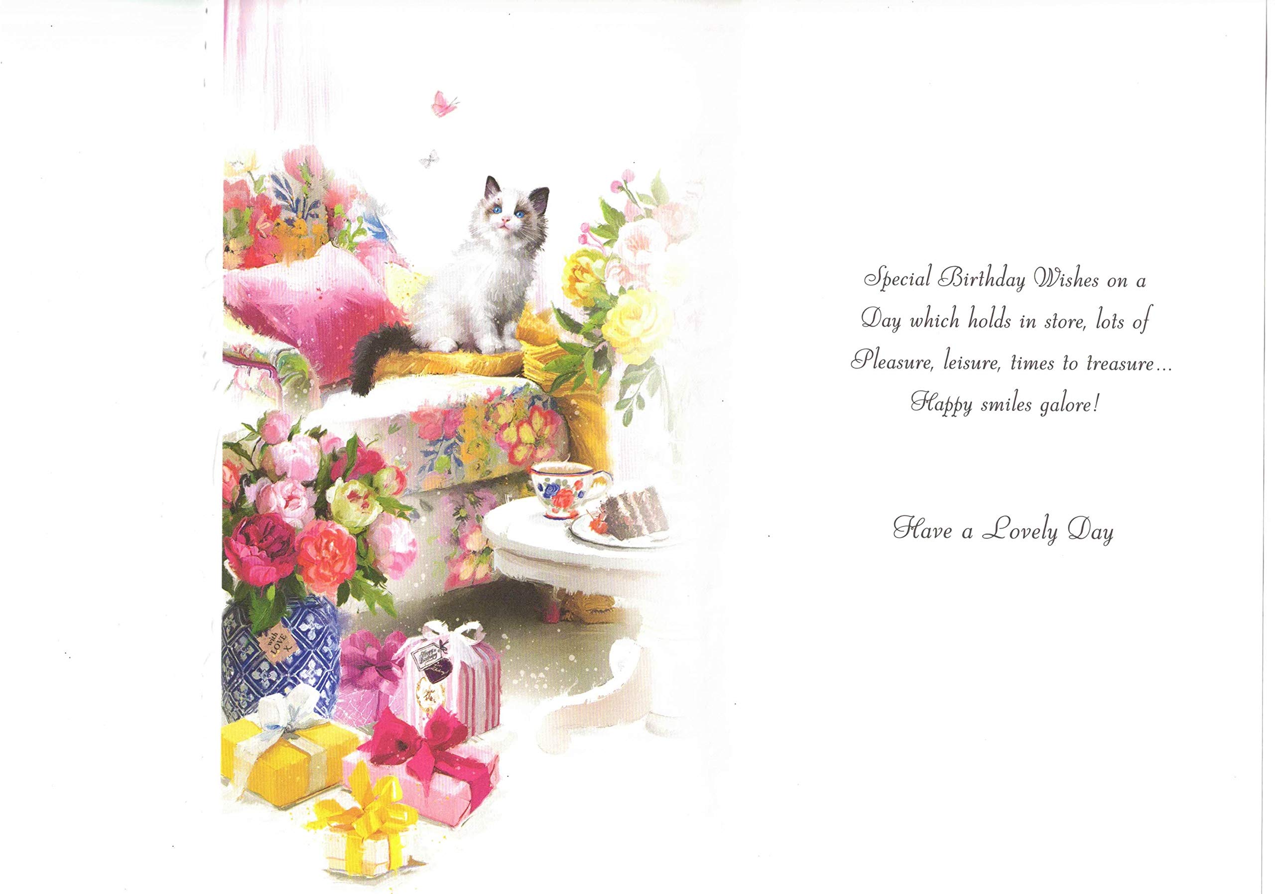 Jonny Javelin Biglietto D'auguri 'Wishing You A Lovely Birthday' – Gatti Rossi, Fiori E Glitter – 133 X 235 Mm