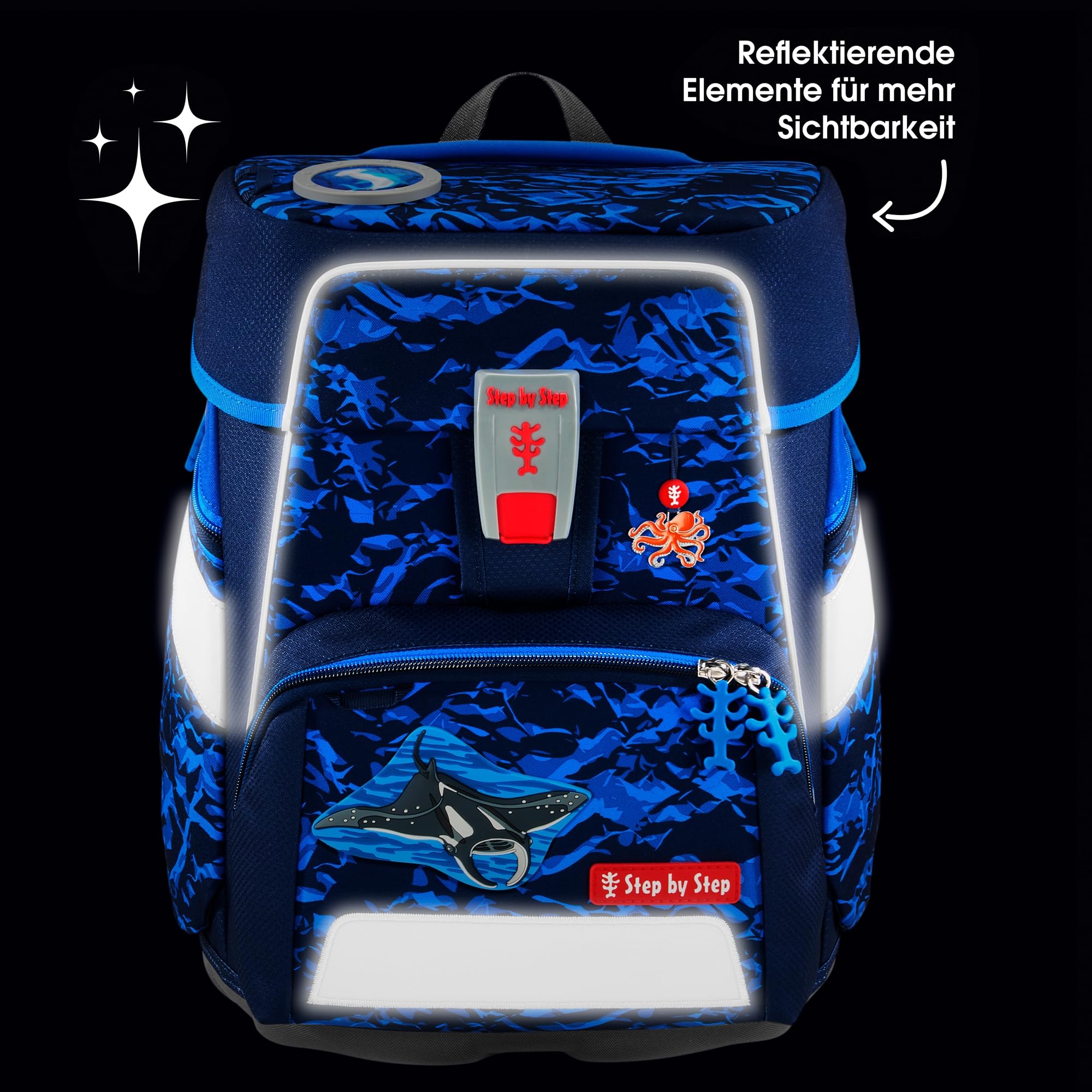 Step by Step SPACE Manta Rio zestaw z tornistrem szkolnym, 5-częściowy, niebieski, 20 l, ergonomiczny zestaw z tornistrem podwodnym z elementami odblaskowymi i pasem biodrowym