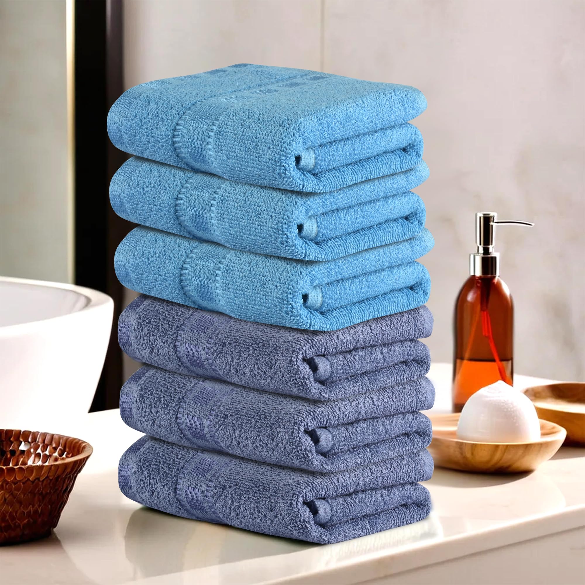 Urbane Home Pack of 6 Cotton Hand/Face Towels for Men & Women | Easily Washable | Workout Gym Napkins for Men | Pocket Towel - Dark & Sky Blue-image-47