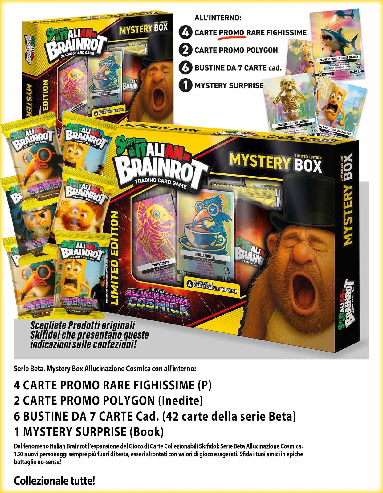 Skifidol Italian Brainrot Mystery Box – Edición Limitada Beta Con 4 Cartas Promocionales Raras, 2 Polygon, 6 Sobres (42 Cromos) Y Póster