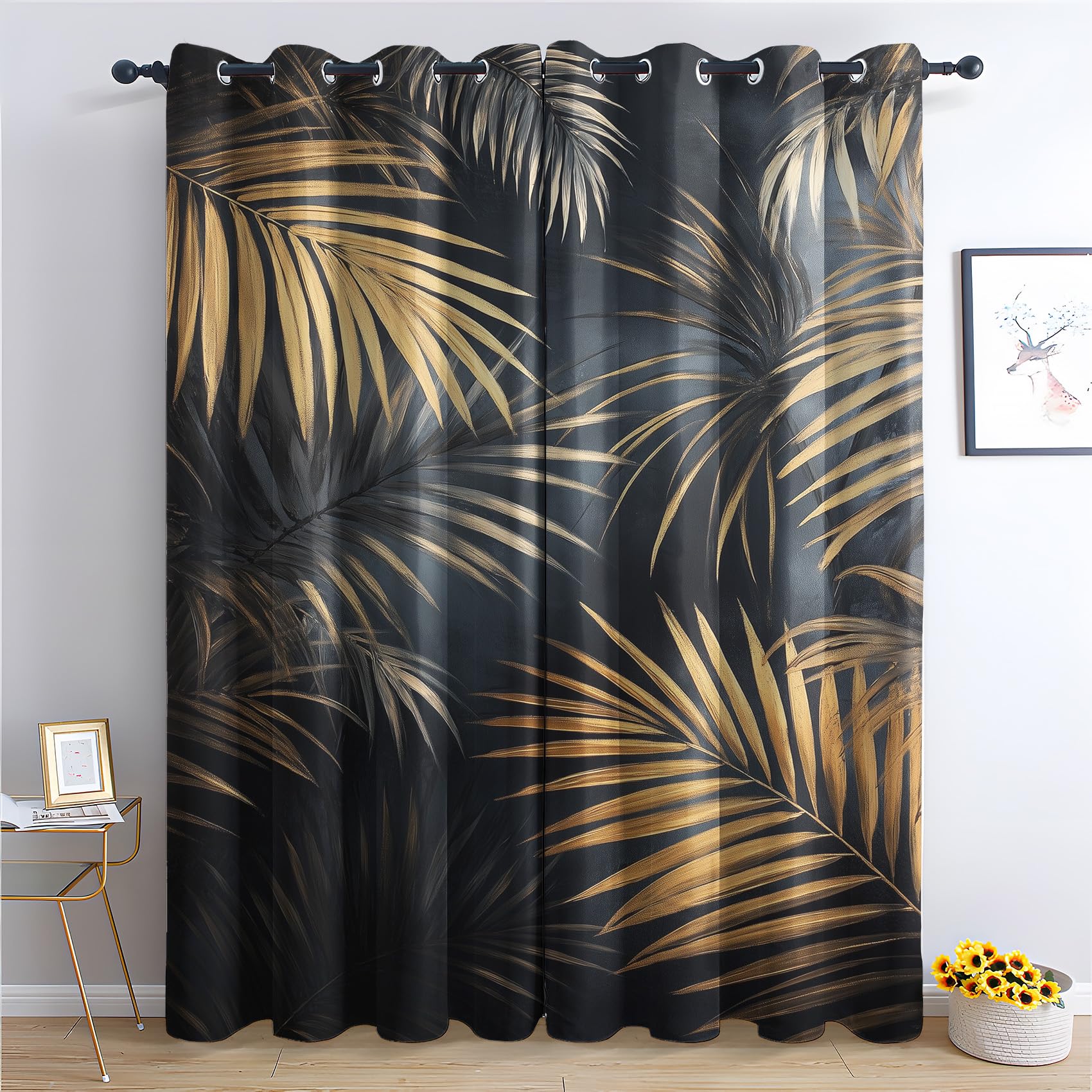 Rideau Occultant Feuilles Palmier - Décoration Feuilles Tropicales, Rideau Thermique Motif Noir et Doré, Lot de 2 Rideaux Opaque à Oeillets pour Fenetre Chambre Salon, 140x240 cm (LxH) U#312