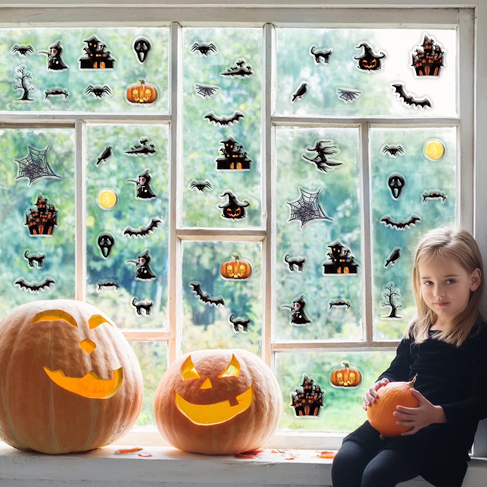 Halloween Gel Window Stickers – 4 Sheets Reusable Clings (Ghosts, Pumpkins, Bats) For Windows & Glass