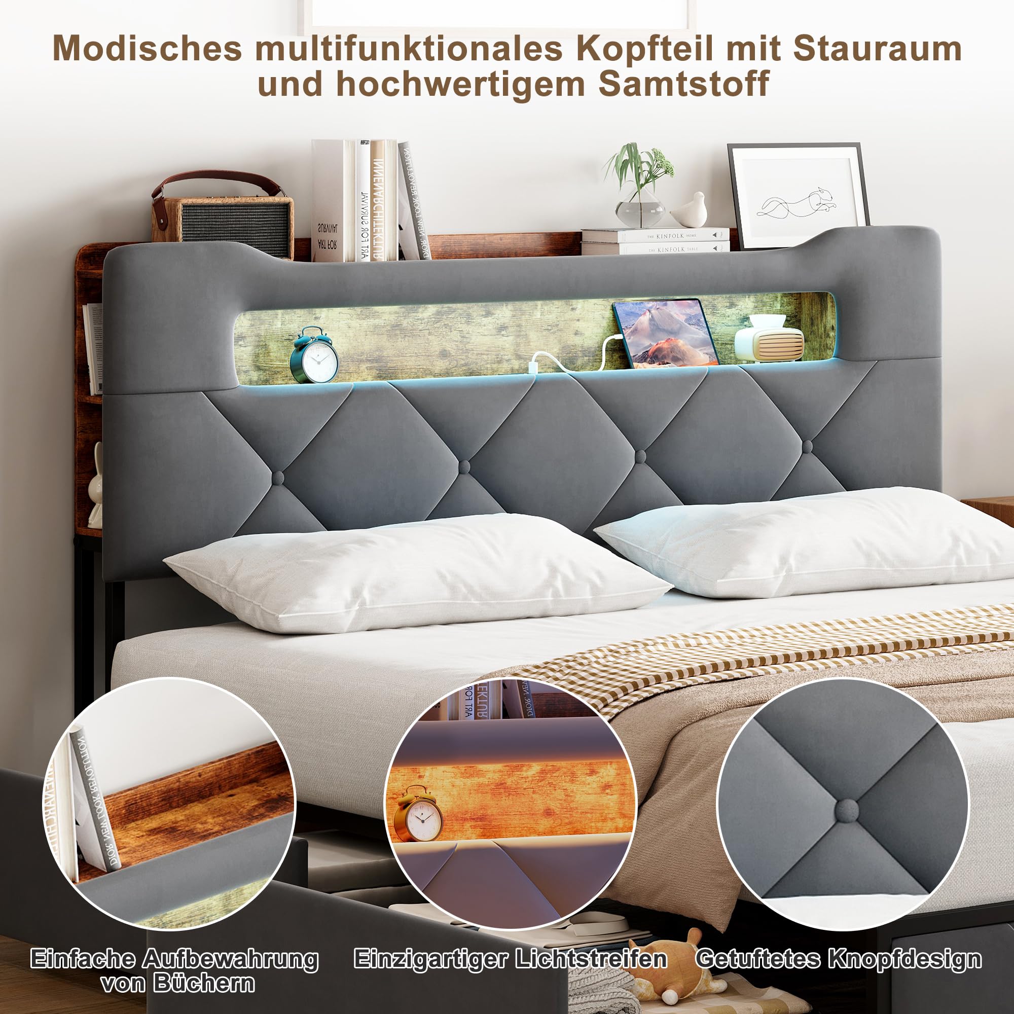 CDQL Łóżko tapicerowane podwójne 160 x 200 cm z 4 szufladami, łóżko młodzieżowe ze złączem USB i oświetleniem LED, zagłówek ze schowkiem, łóżko dla gości, łóżko funkcyjne, aksamit, szare