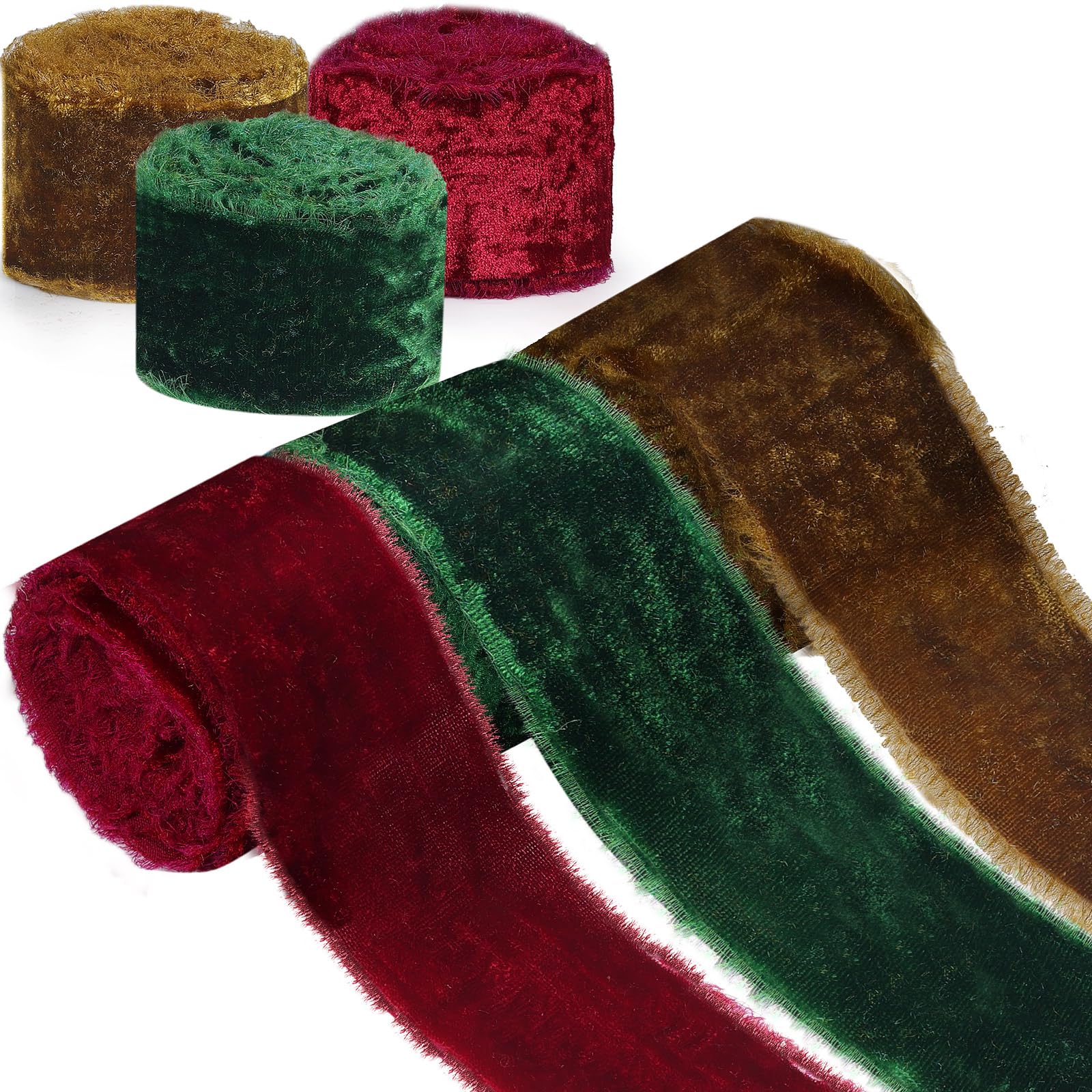 3 Roll Christmas Silk Velvet Ribbon, Vintage Velvet Wrapping Ribbon Raw Edge Fringe Ribbon for Xms Bow Wreath Wrapping Floral Bouquets Total 9 Yards (Burgundy Red, Brown, Dark Green, 2'' in Width)