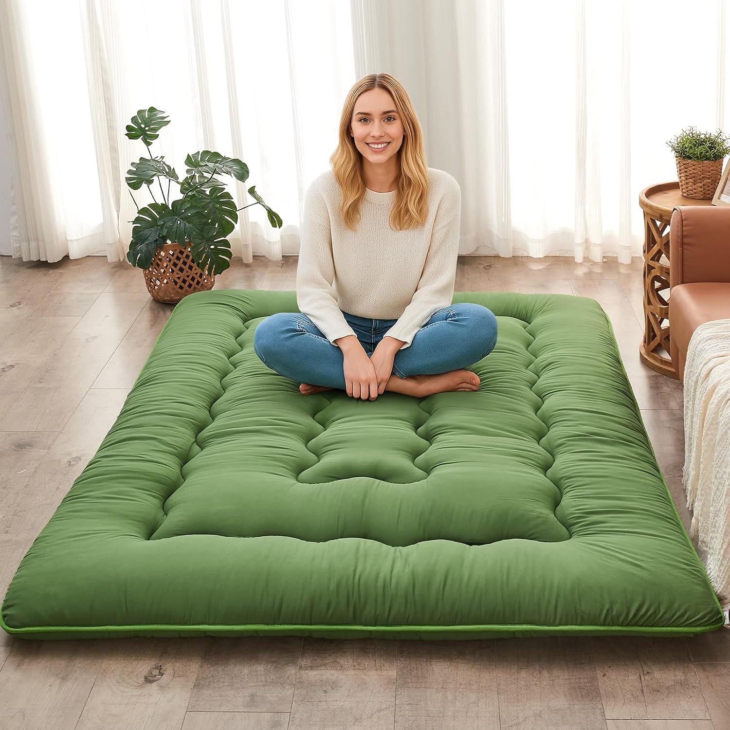 DAICO Japanese Floor Mattress Futon Mattress Queen Size 60''*80'',4'' Thicken Tatami Mat Sleeping Pad Foldable Roll Up Mat for Camping and Guest Room, Green Green Queen