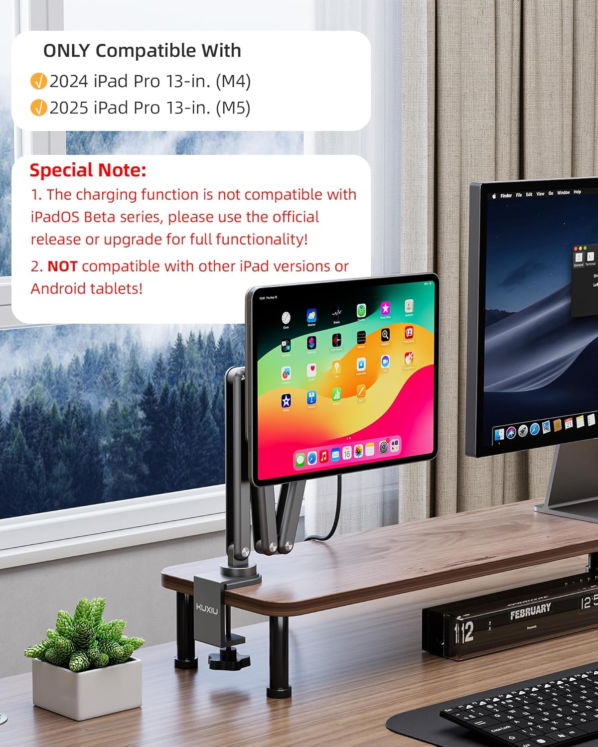 KU XIU [Upgrade Magnetic Wireless Charging Stand for iPad Pro 13 M4/M5 Only, Aluminum Alloy Tablet iPad Arm Mount Holder for Desk, 360° Adjustable Foldable Tablet Stand with 2M USB C Cable