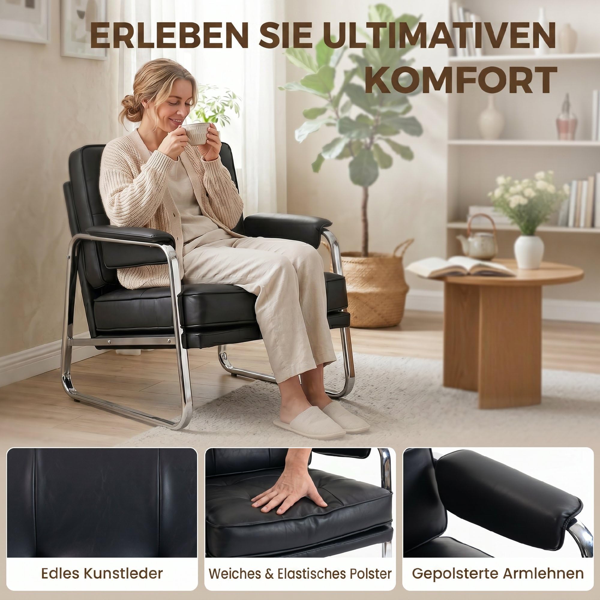 HOMCOM Sessel Loungesessel mit breiter Sitz, Armlehnen, Polstersessel mit Stahlbeinen, Knopfheftung, Dicker Polsterung Relaxsessel aus Kunstleder für Wohnzimmer, Schlafzimmer, Schwarz