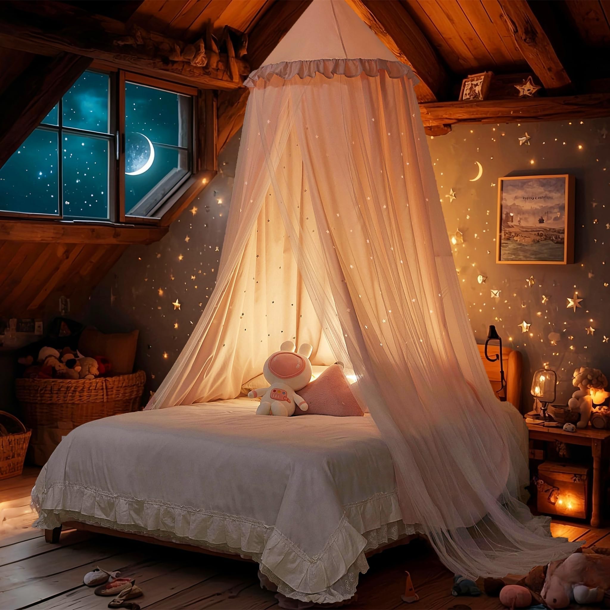 Eimilaly Prinzessin Bett Doppelte Lage Baldachin mit Cutout Sternen, atmungsaktiv & waschbarer Stoff, passt Twin/voll - Fairy Bett-Zelt für Kinderzimmer Dekoration, rosa