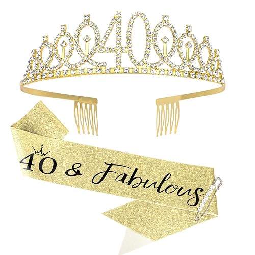 CIEHER Corona dorada para cumpleaños de 40 años + banda de cumpleaños de 40 años + pin de perla, tiara de 40 cumpleaños para mamá, decoraciones de