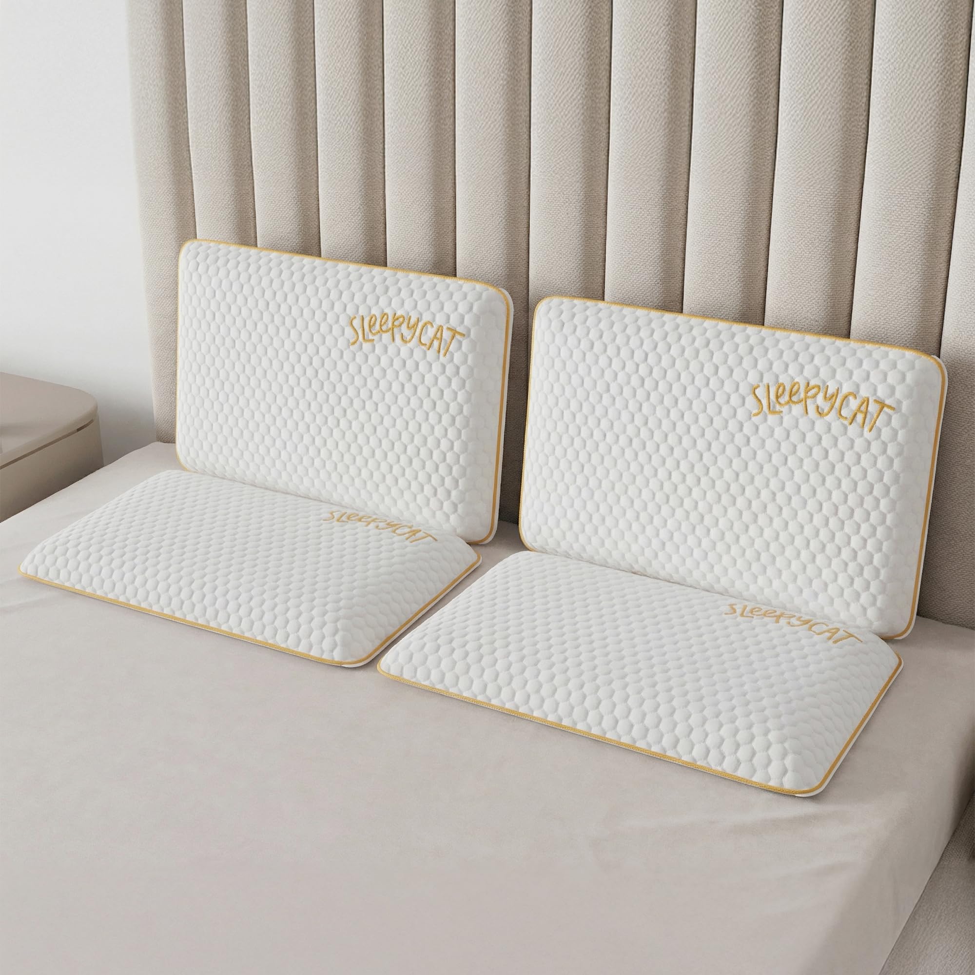 SleepyCat Slim Memory Foam Pillow | 2.5 Inch Thin Support Pillow for Spine Alignment & Pain-Relief | Premium Bamboo Zipper Cover (Standard Size, 24.5 X 15 inches, White)-Set of 4