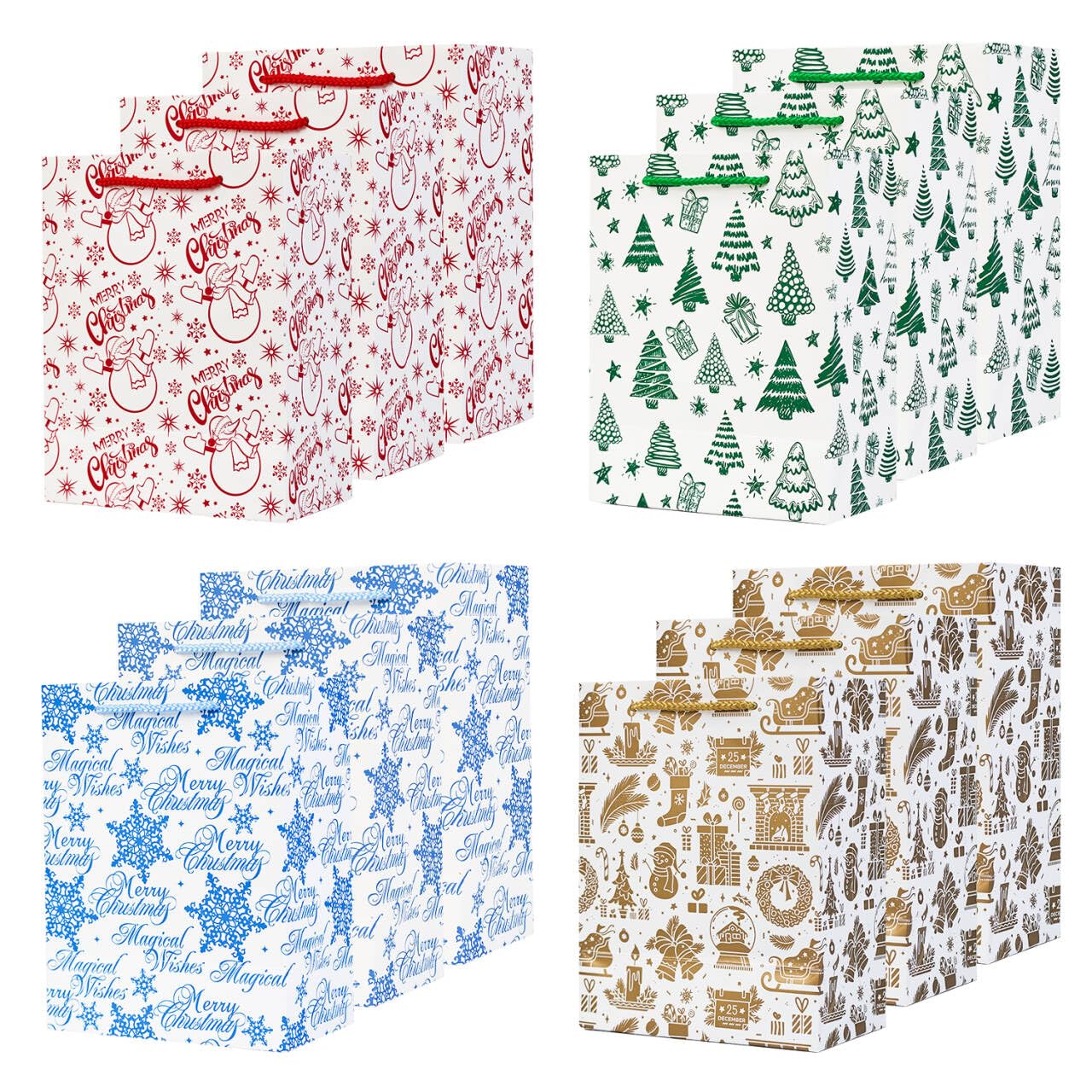 12Pack Christmas Paper Gift Bags,Assorted Sizes Gift Bags (4 Extra Large 15", 4 Large 13",4 Medium 9") with Handle for XMAS Present (Multi)