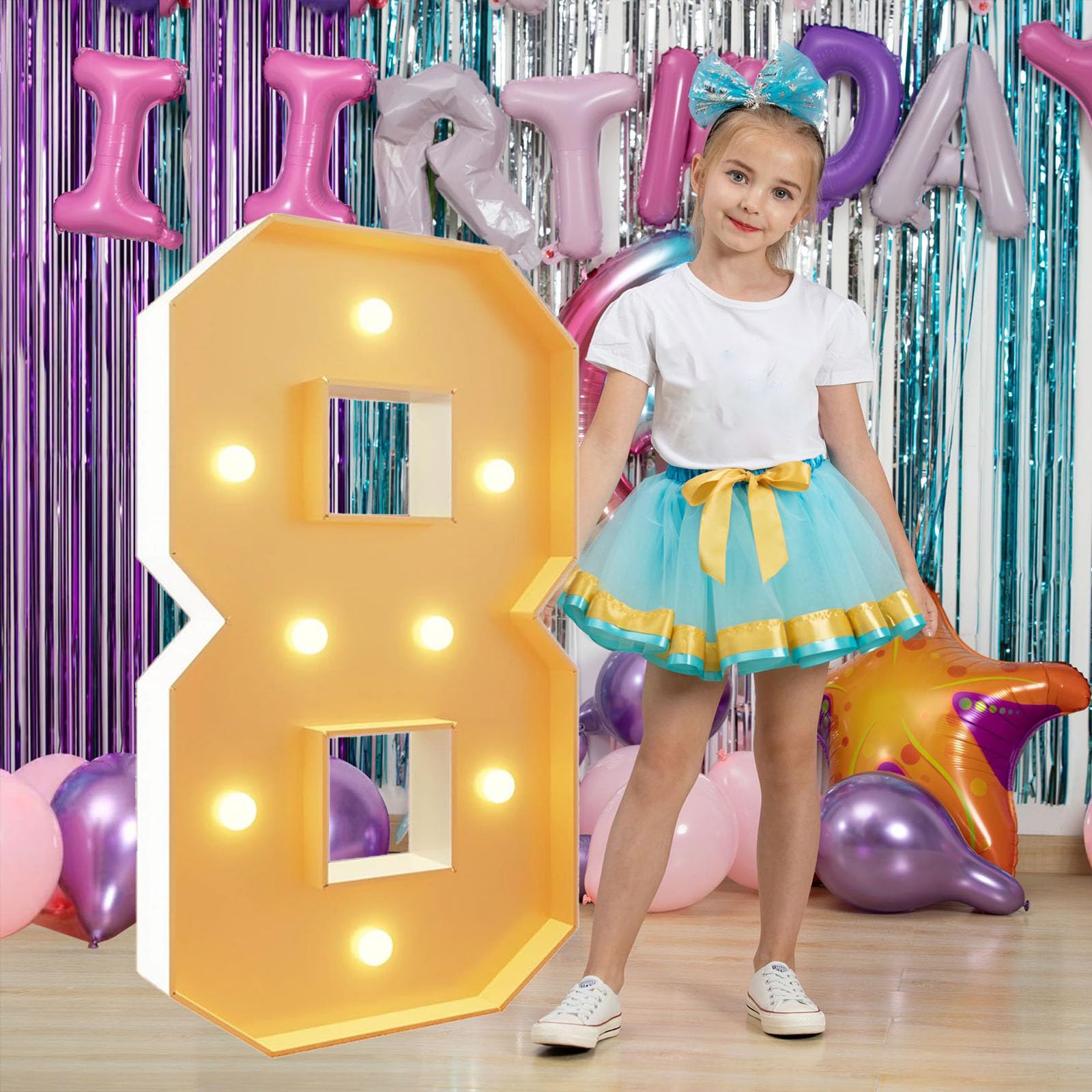 Chiffres Lumineux pour décoration d'anniversaire (8 Ans) - 70 cm / 2,3 pi - Grand Chiffre en Carton Mousse prédécoupé - Ballons mosaïques en Mousse - Décoration pour fête d'anniver