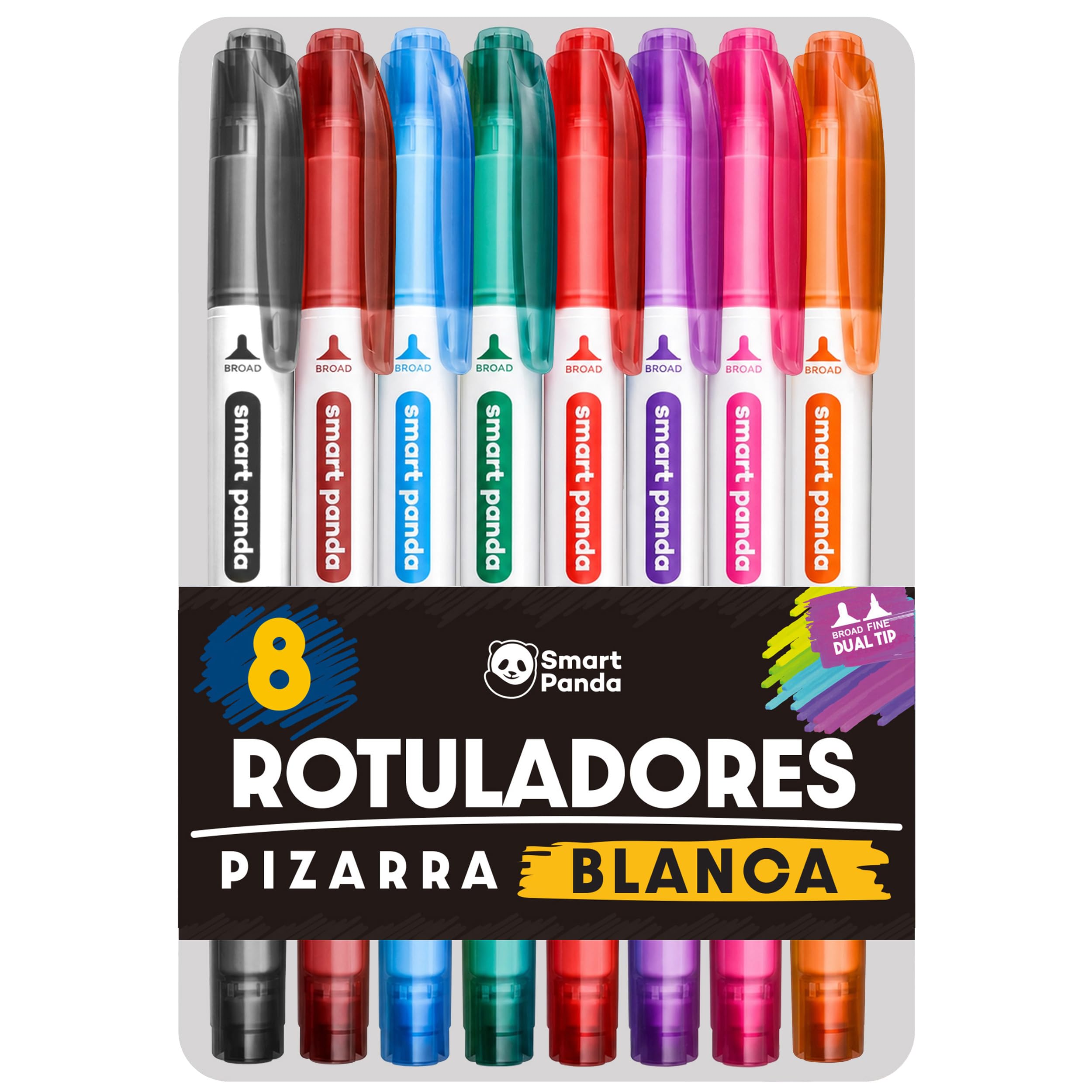 SmartPanda Rotuladores para Pizarra Blanca de Punta Doble, Mediana y Fina - Borrado en Seco para el Hogar u Oficina – 8 Colores
